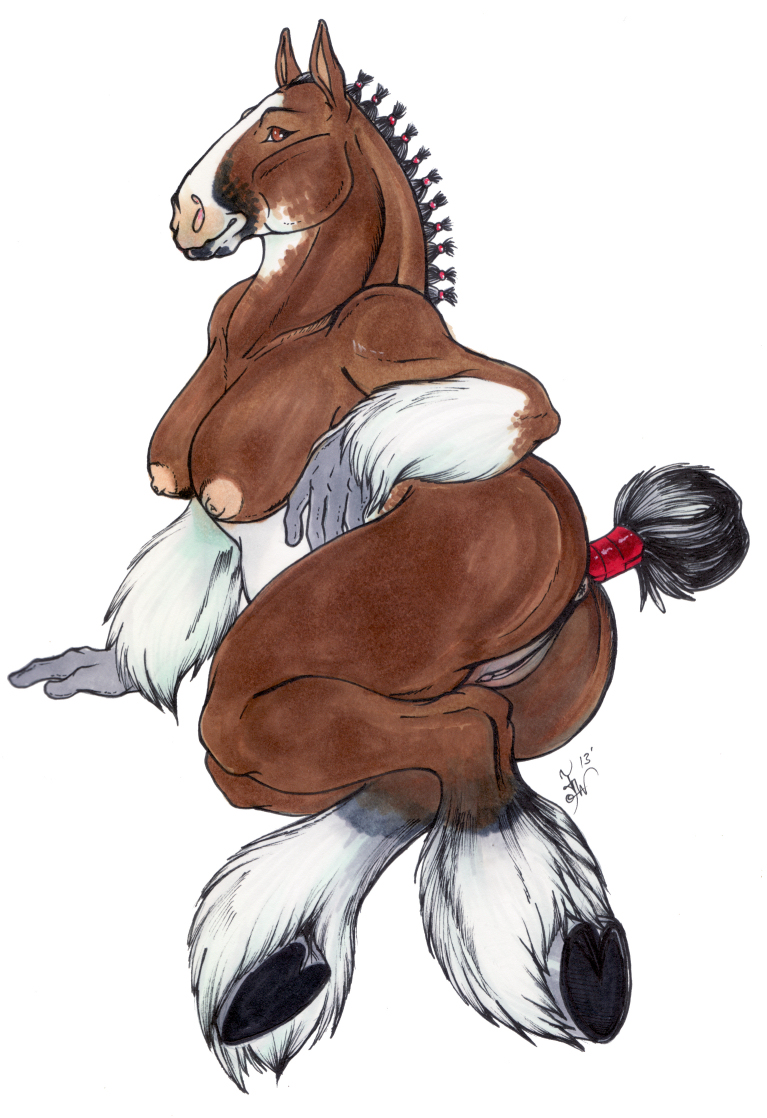 2013 anthro anus areola blackfrost breasts brown_eyes brown_fur clydesdale colored_pencil_(artwork) draft_horse equine feathering female fur hooves horse looking_at_viewer mammal mane multicolored_fur nipples nude overweight overweight_female pointy_ears pose puffy_anus pussy signature simple_background solo tail_wraps traditional_media_(artwork) white_background white_fur wraps