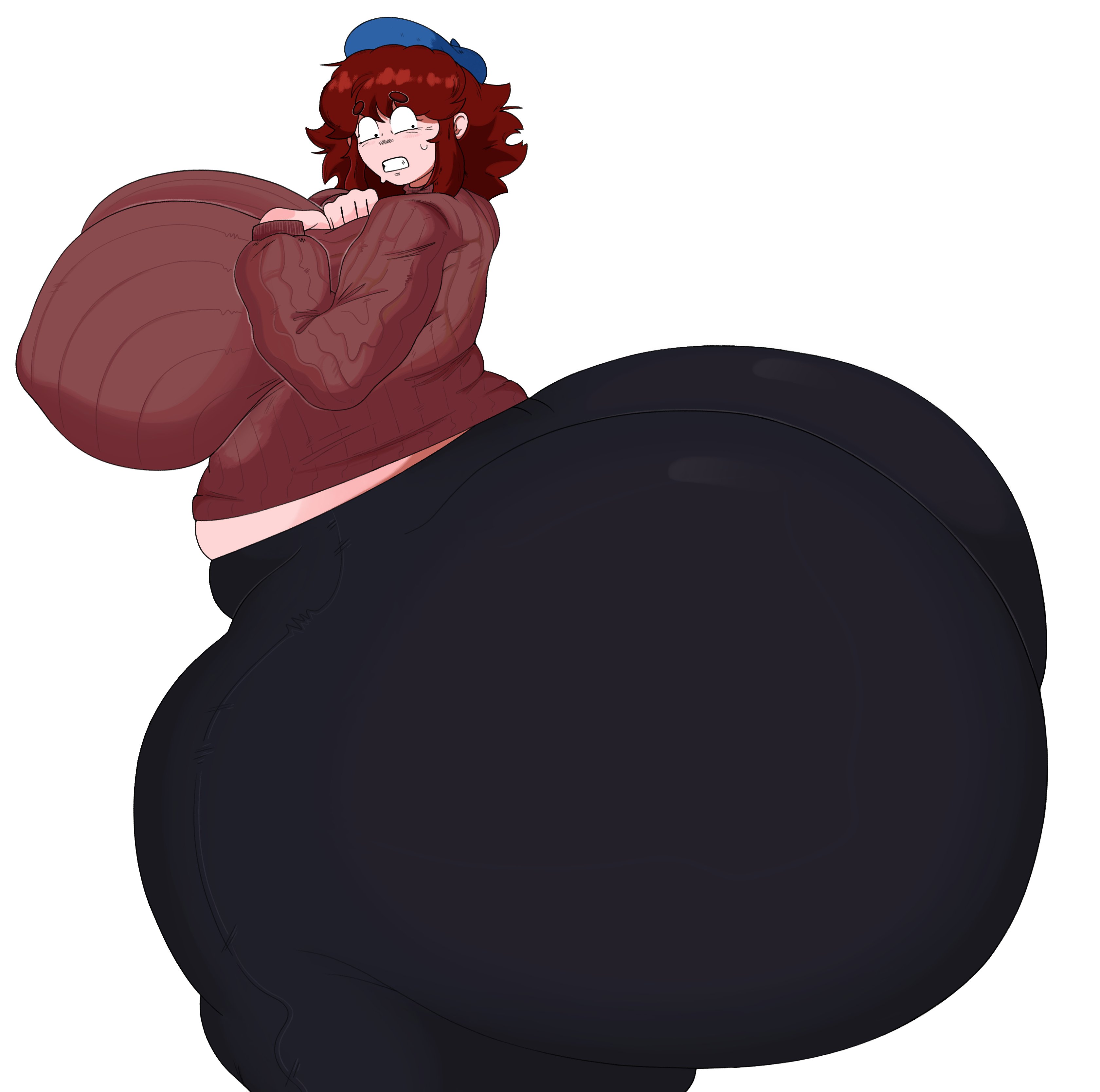 1girls, 2026, 2d, 2d (artwork), ass bigger than torso, auburn hair, bbw, beret, big belly, big breasts, breasts bigger than head, chubby, chubby female, colonbey, curvy, friday night funkin, gigantic ass, girlfriend (friday night funkin), hourglass figure, huge ass, huge breasts, hyper, hyper ass, hyper breasts, large belly, large breasts, looking at ass, looking at own butt, massacre girlfriend (friday night funkin), massive ass, millie (mistful crimson morning), mistful crimson morning, red hair, side view, simple background, solid color background, sweat, sweater, tight clothing, white background
