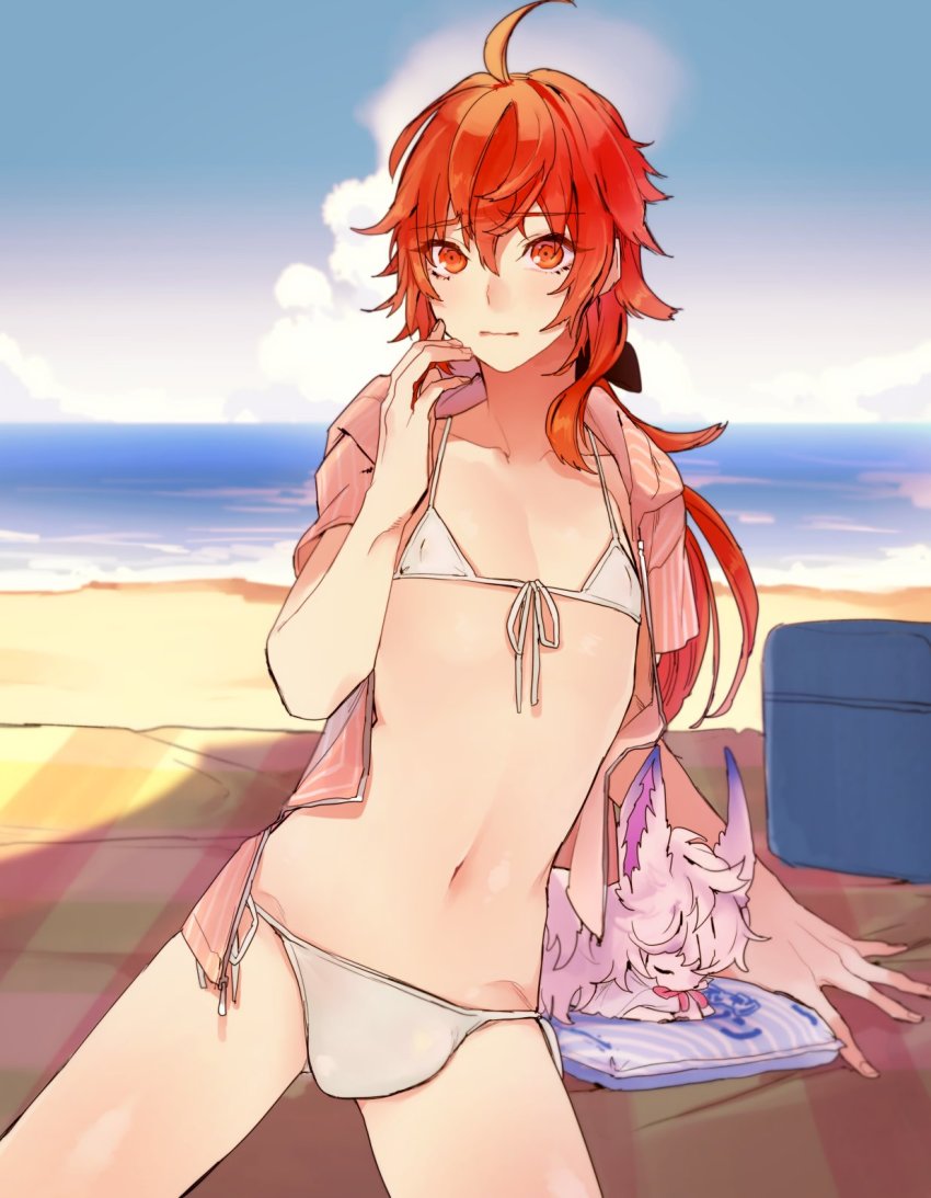 1boy, beach, bikini, crossdressing, femboy, girly, male, male only, panties, rama (fate/grand order), red eyes, red hair, solo, water