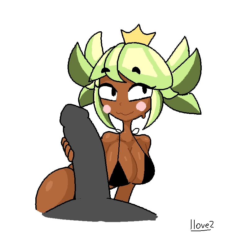 big boobs, big breasts, big penis, big thighs, bikini, black bikini, black bra, blush, blushing, brawl, brawl stars, cock, crown, cute face, dark-skinned female, green hair, handjob, holding penis, imminent blowjob, mandy (brawl stars), pink cheeks, shiny skin, smile, smiling, submissive female, tagme, thick thighs, wavy mouth, wavy smile, white background