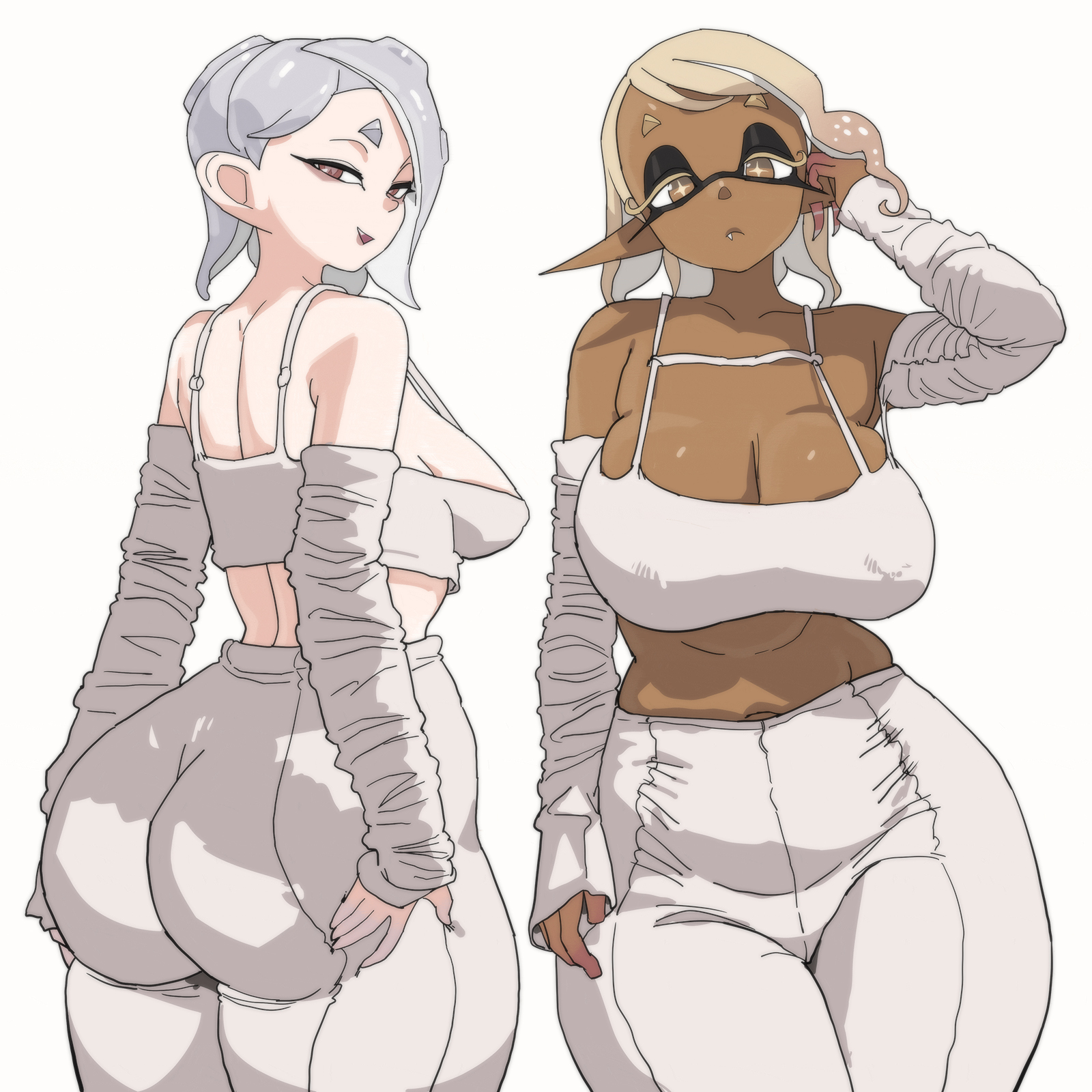 2d, 2d artwork, 2girls, ass, big breasts, breasts, deep cut (splatoon), digital drawing (artwork), digital media (artwork), erect nipples, erect nipples under clothes, female, frye (splatoon), highres, huge breasts, inkling, large breasts, looking at viewer, nintendo, octoling, plump, shiver (splatoon), splatoon, splatoon (series), splatoon 3, white background, yuta agc