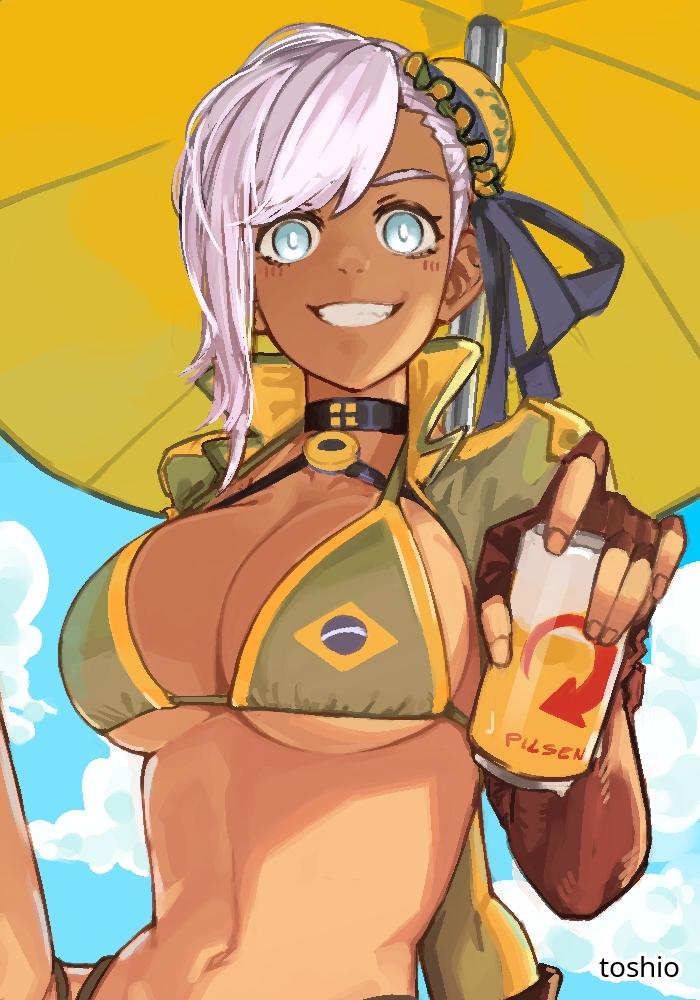 1girls 2d 2d_(artwork) 2d_artwork adult adult_female arm_behind_back bare_belly bare_chest bare_midriff bare_navel bare_skin belly belly_button big_boobs big_breasts bikini bikini_top black_choker blue-eyed_female blue_eyes blue_sky breasts brown-skinned_female brown_skin brown_skinned_female busty busty_female busty_girl choker clouds collarbone day daylight daytime digital digital_art digital_drawing digital_drawing_(artwork) digital_media digital_media_(artwork) drawing exposed_belly exposed_chest exposed_midriff exposed_navel exposed_skin fate/grand_order fate_(series) female female_focus female_only fingernails fingers fit_female green_bikini green_bikini_top green_swimsuit green_swimwear grin grinning grinning_at_viewer halterneck hand_behind_back inframammary_fold large_boobs large_breasts lean_figure linea_alba long_hair looking_at_viewer looking_down looking_down_at_viewer mature mature_female mature_woman midriff miyamoto_musashi_(fate) narrow_waist navel offering_drink outdoor outdoor_background outdoor_nudity outdoors outside parasol parted_lips sky slender_body slender_waist slim_female slim_waist smile smiley_face smiling smiling_at_viewer solo stomach swimsuit swimwear toshio underboob upper_body white-haired_female white_hair white_pupils woman