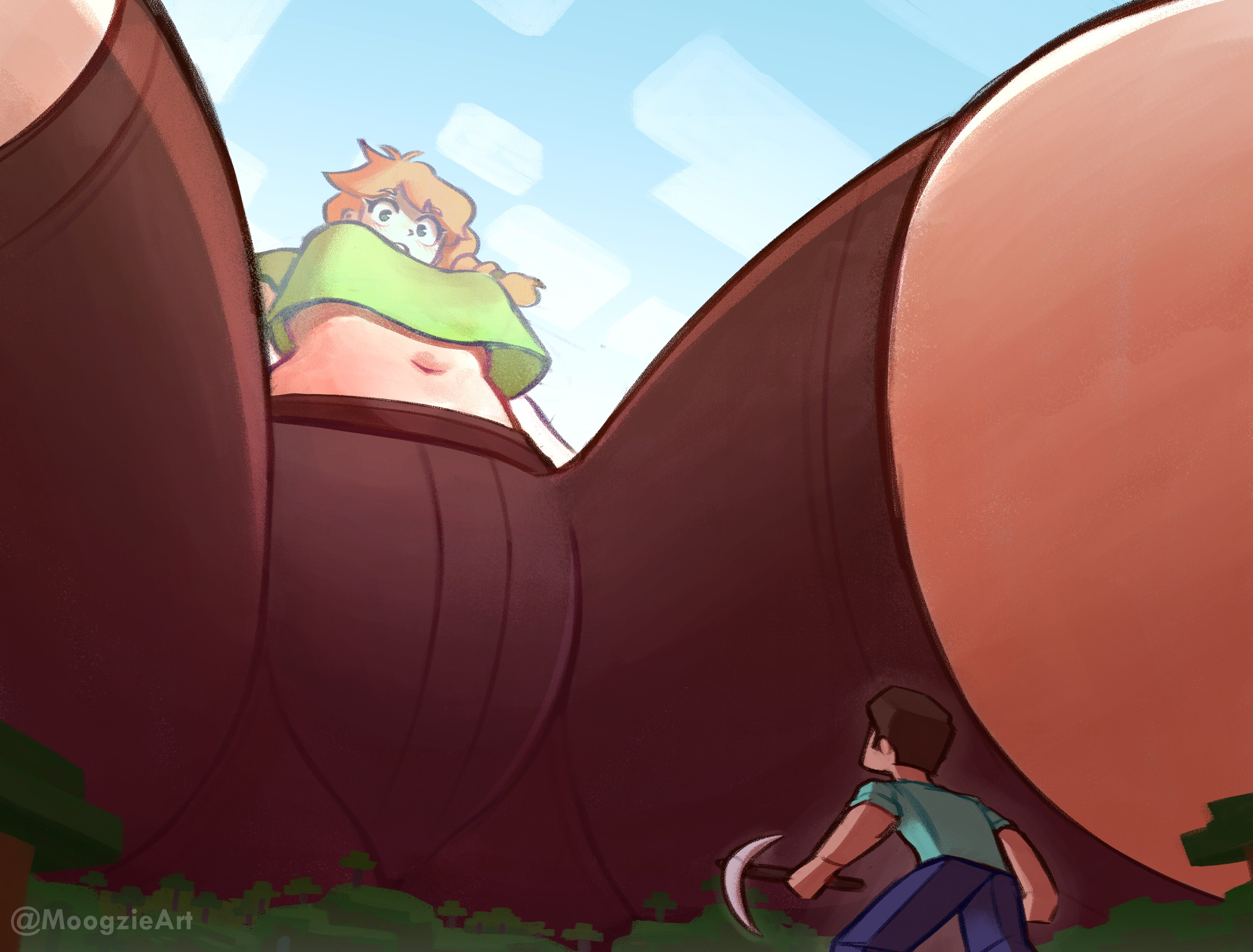 alex (minecraft), bigger female, female, giantess, green eyes, larger female, looking down, macro, macro female, macrophilia, massive thighs, midriff, minecraft, moogzieart, orange hair, steve (minecraft), thick thighs, thighs, thighs bigger than head, thighs bigger than planet
