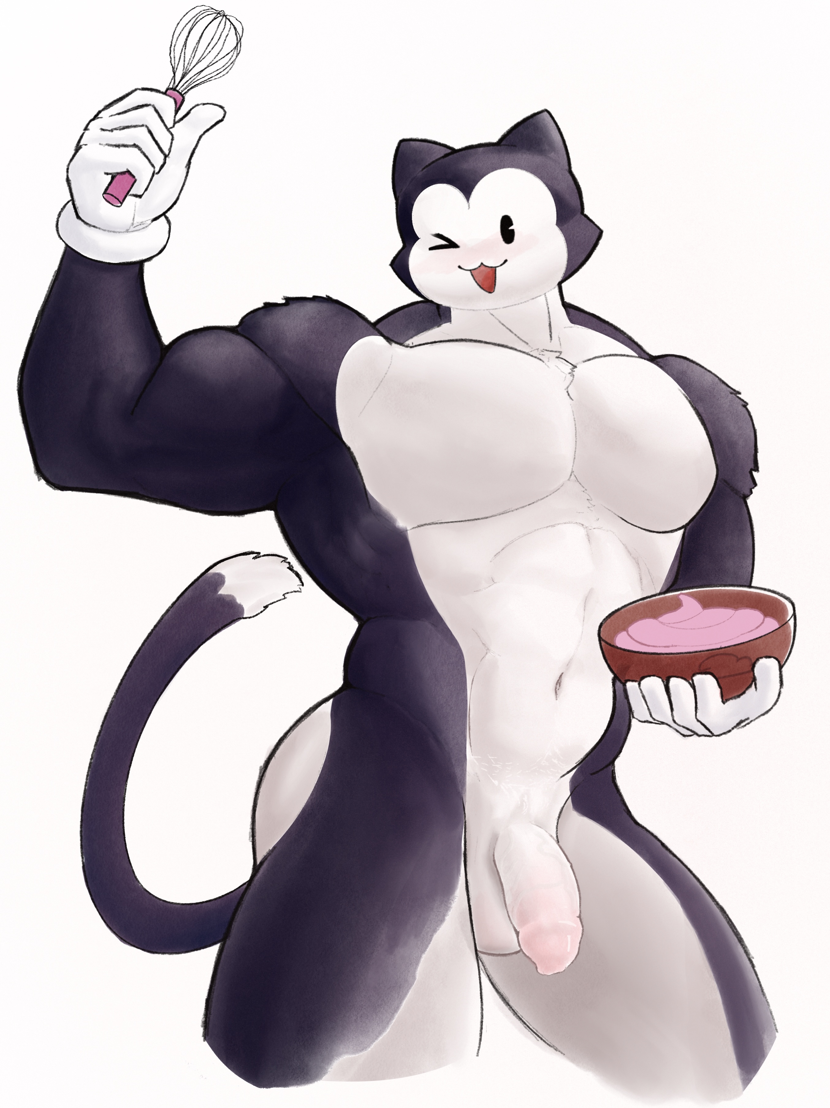abs, anthro, balls, big arms, big ass, big pecs, big thighs, blushing, cat ears, cat tail, chest, cooking, feline humanoid, flaccid, flaccid penis, flexing, flexing arms, flexing bicep, foreskin, fortnite, furry, genitals, himbo, male, male only, male solo, meowscles (fortnite), muscles, muscular, muscular male, naked, naked male, penis, smiling, tail, testicles, toon meowscles, uncut, uncut penis, veiny penis, wink