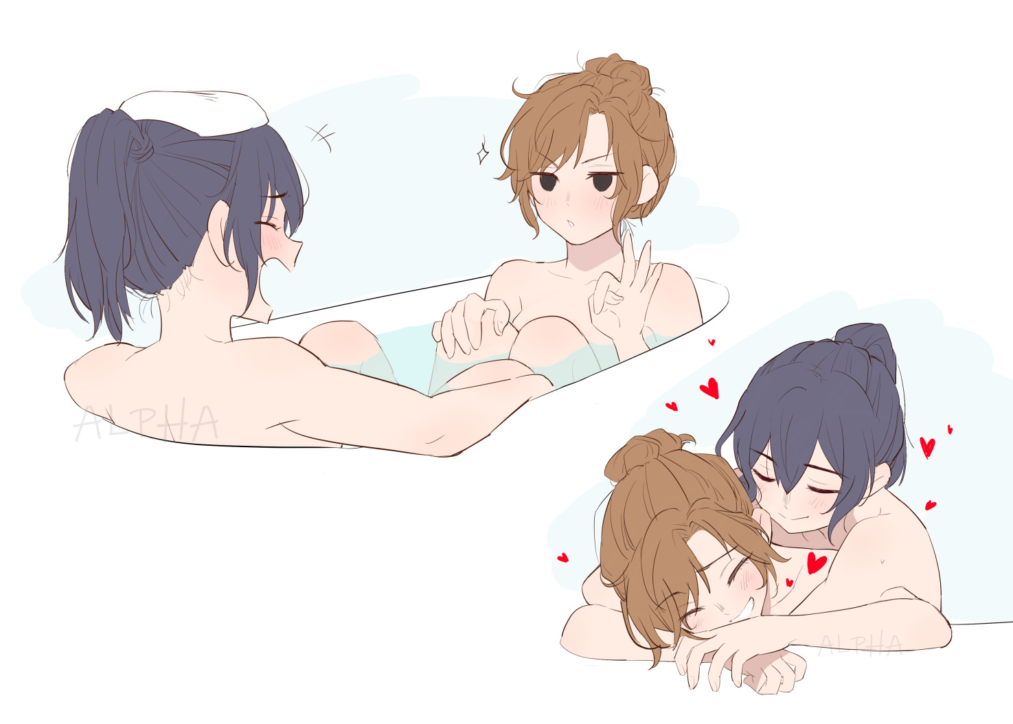 1futa, 1girls, aki (alpha), alpha (pixiv), bathing, bathing together, bathtub, futayuri (series), lesbian, saya (alpha), sfw, wholesome, yuri