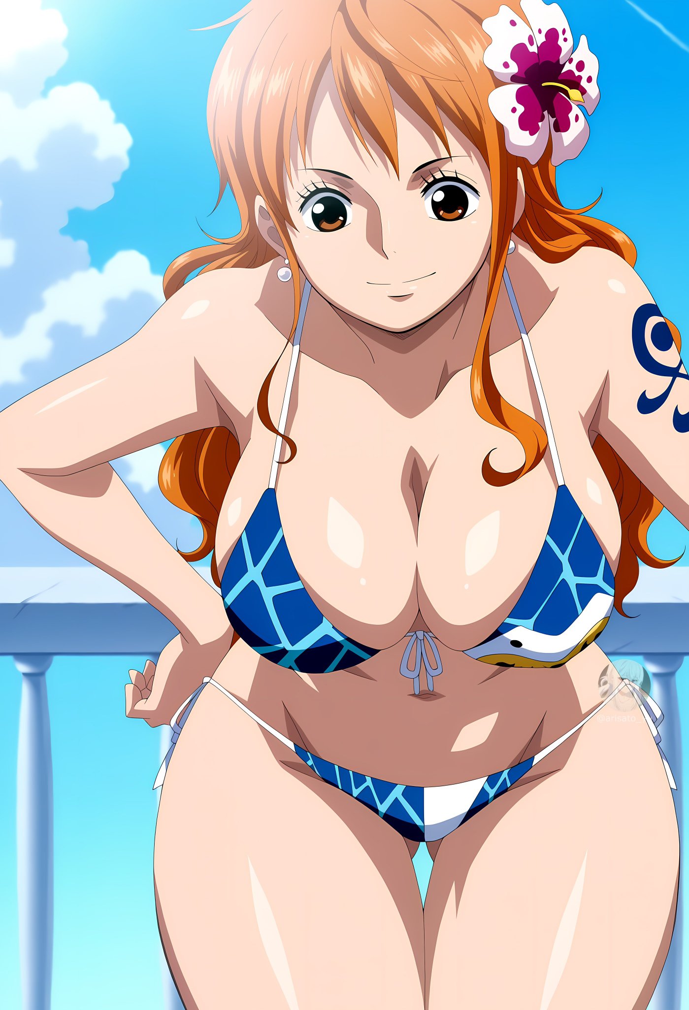 1girls, ai generated, arm tattoo, big breasts, bikini, blue tattoo, breasts, brown eyes, cleavage, cloud, day, earrings, female, female only, hand on hip, jewelry, large breasts, leaning forward, long hair, looking at viewer, nami (one piece), navel, one piece, orange hair, orange-haired female, side-tie bikini, sky, smile, solo, swimsuit, tattoo, thigh gap