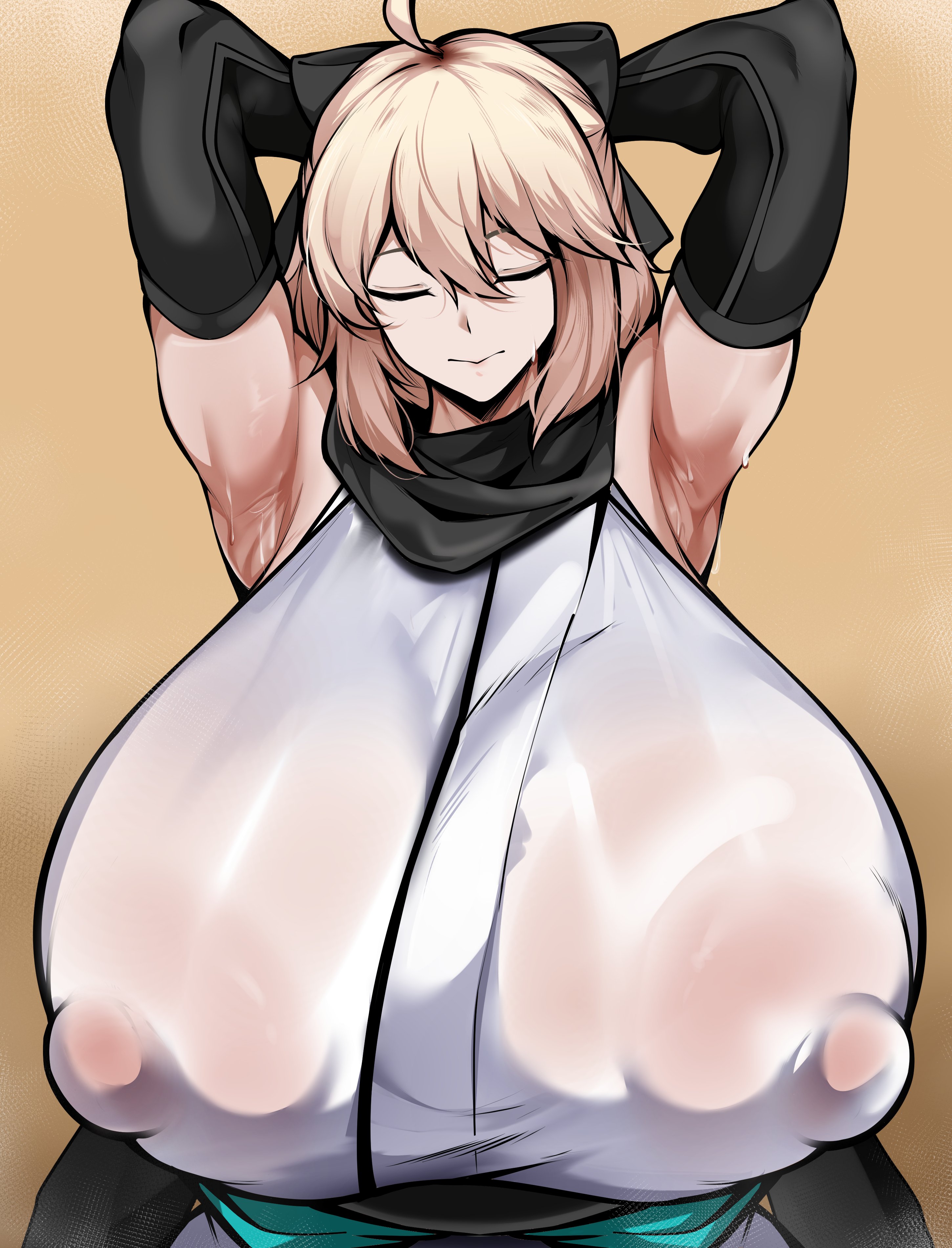 1girls, areola, armpits, arms up, armwear, big areola, big breasts, big nipples, blonde hair, breasts, breasts focus, closed eyes, clothed, clothing, erect nipples, fate (series), fate/grand order, female, gigantic breasts, huge areola, huge breasts, huge nipples, hyper, hyper breasts, nipples, nipples visible through clothing, okita souji (fate), okita souji (fate) (all), owner (artist), owner1657, short hair, sweat, sweatdrop, sweating, sweaty, sweaty body, wet body, wet clothes, wet clothing, wet skin