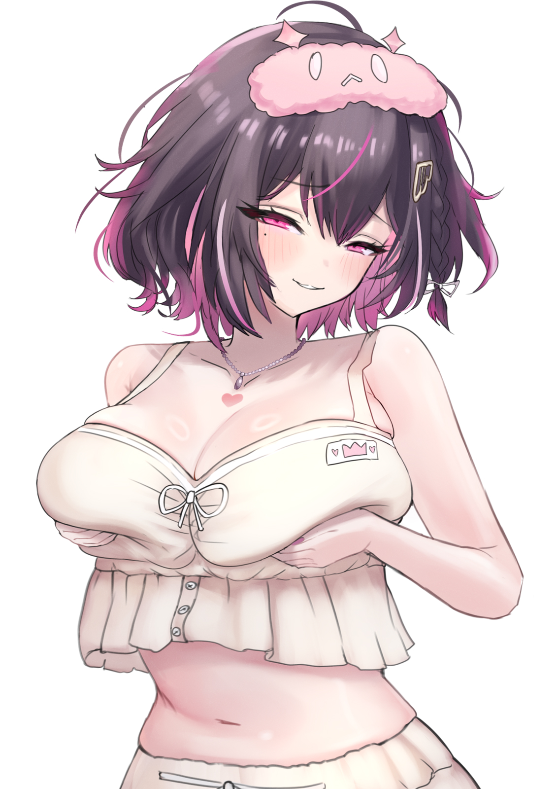 1girls, belly button, black hair, breast grab, breasts, female, female only, grabbing own breast, heiz illust, himemiya rie, holding breast, huge breasts, light skin, light-skinned female, necklace, phase alias, phase connect, pink eyes, pink hair, sleep mask, solo, two-tone hair, virtual youtuber