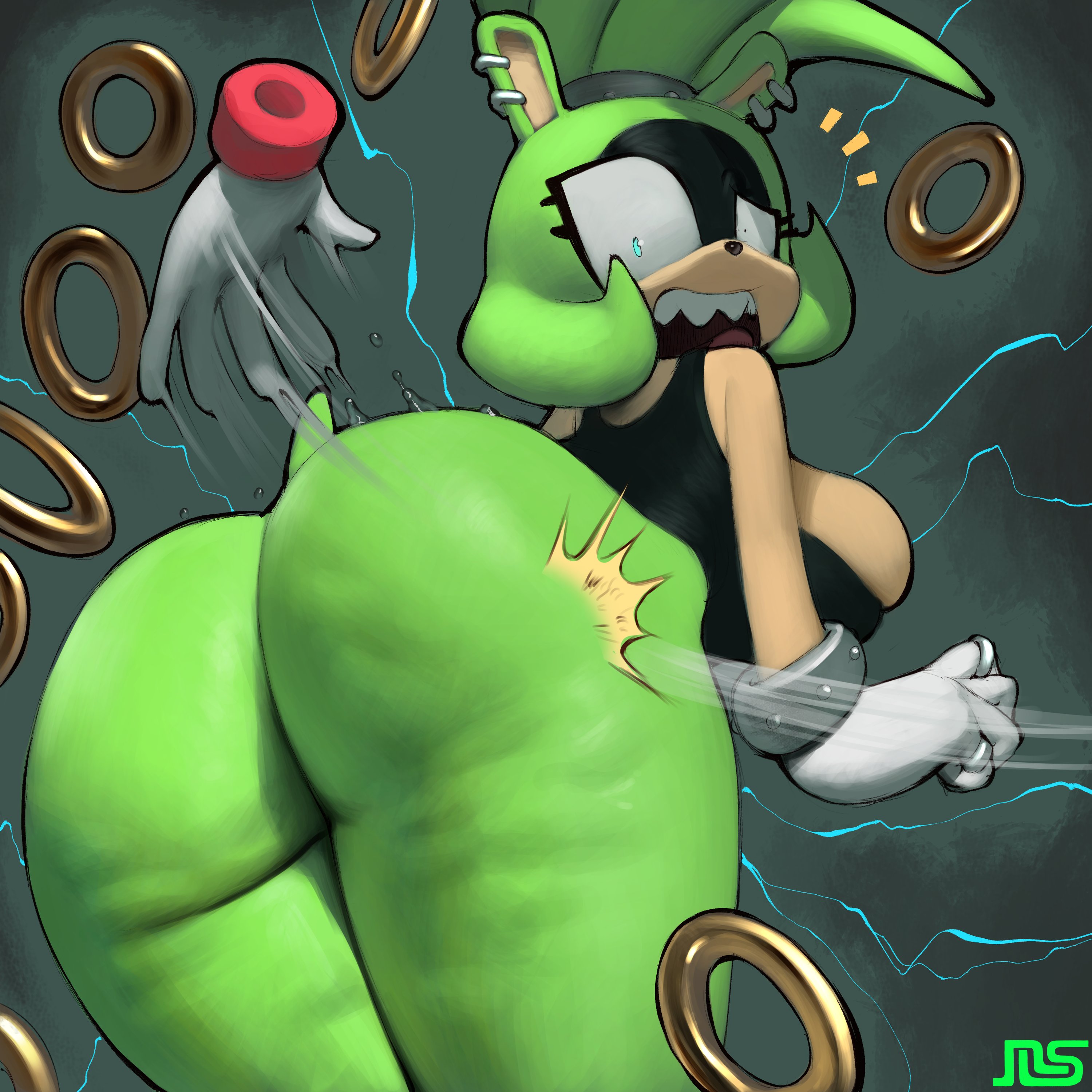 1boy, 1boy1girl, 1girls, 2d, anthro, anthro female, ass focus, fat ass, looking at viewer, losing rings, namespace, rings, sega, sonic (series), sonic the hedgehog (series), surge the tenrec, tagme