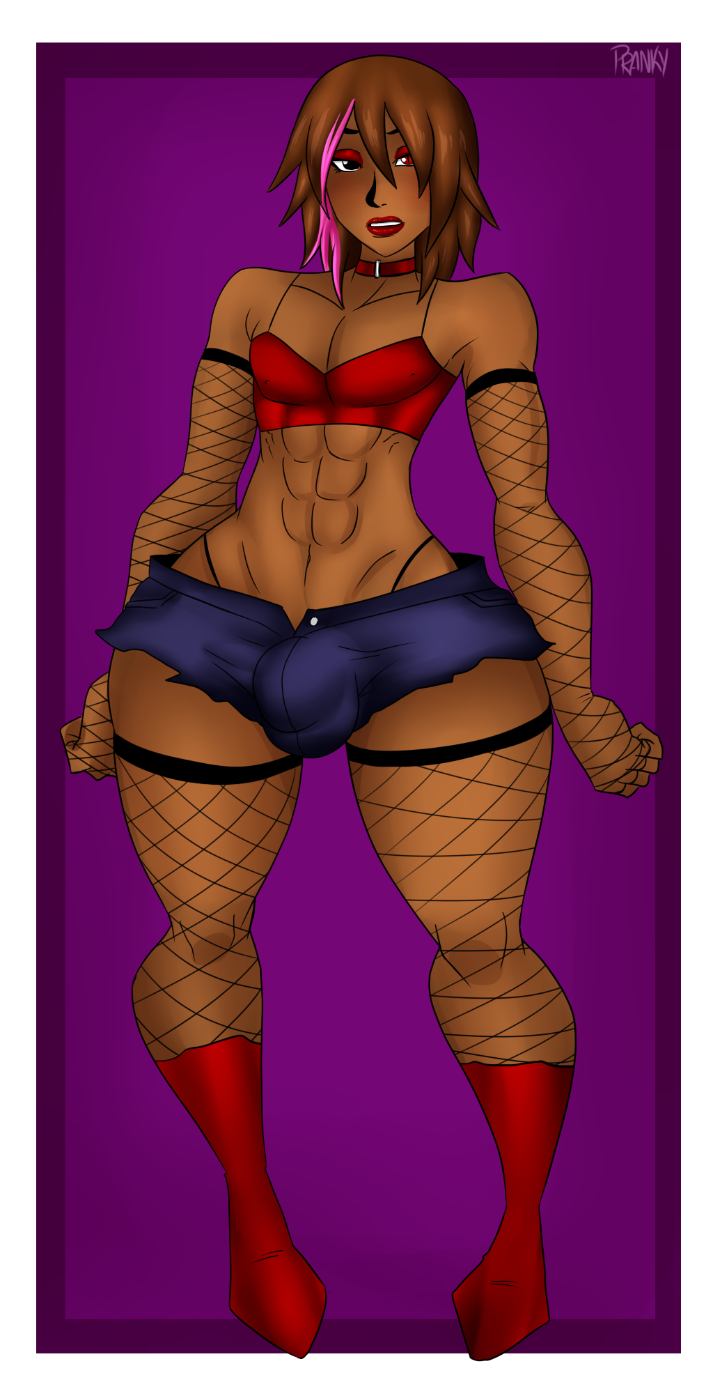 1boy ambush_(trap) crossdressing dark-skinned_femboy dark-skinned_male dark_skin femboy fishnets girly joaquin_(pranky) lipstick male muscular muscular_trap pranky red_lipstick shorts solo