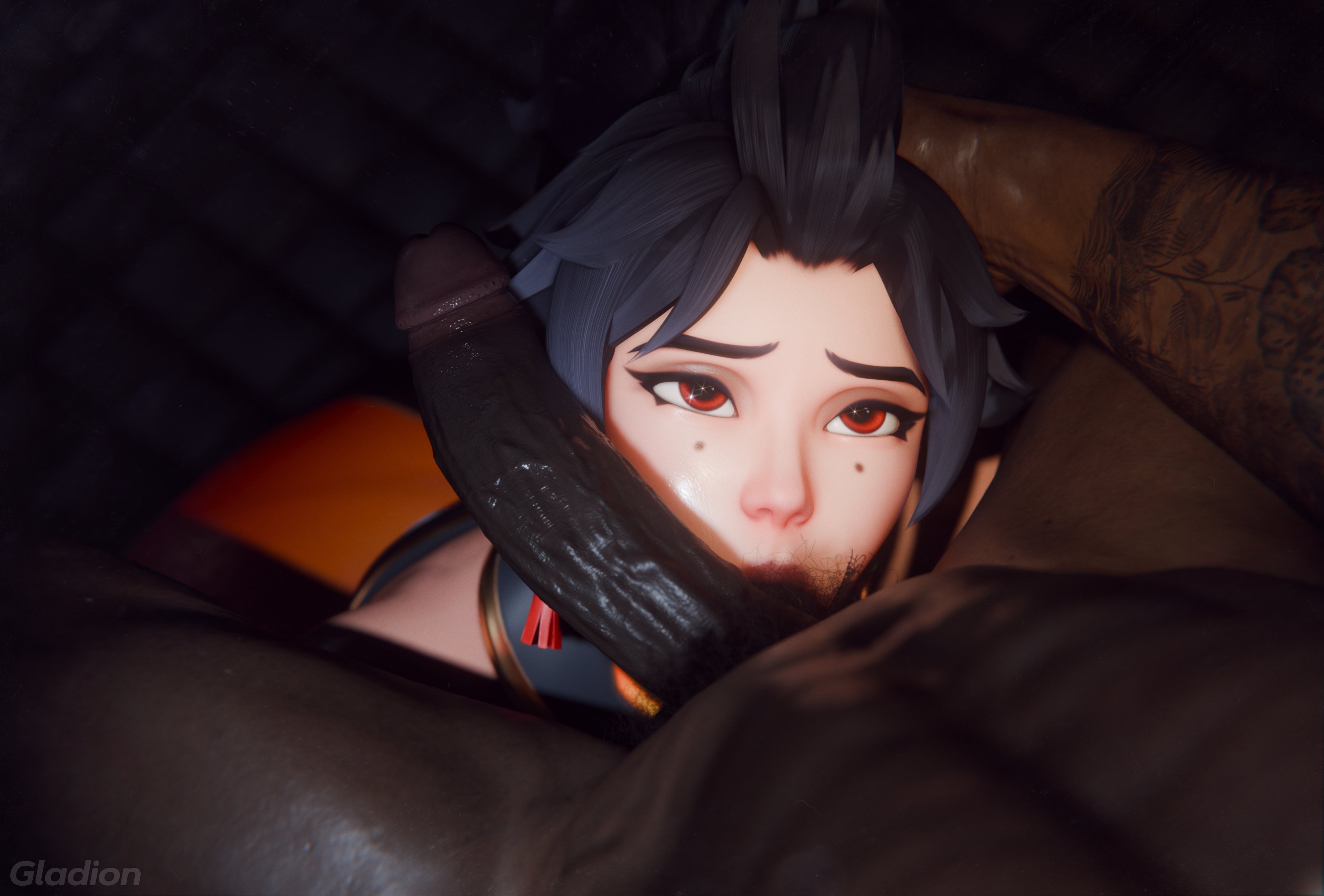 1boy, 1girls, 3d, anran, asian, asian female, blowjob, breasts, chinese, chinese female, dark skin, dark-skinned male, exposed breasts, female, gladionanimated, huge cock, interracial, light skin, light-skinned female, male, male/female, nipples, oral, overwatch, overwatch 2, penis, pubic hair, sucking balls, veiny penis
