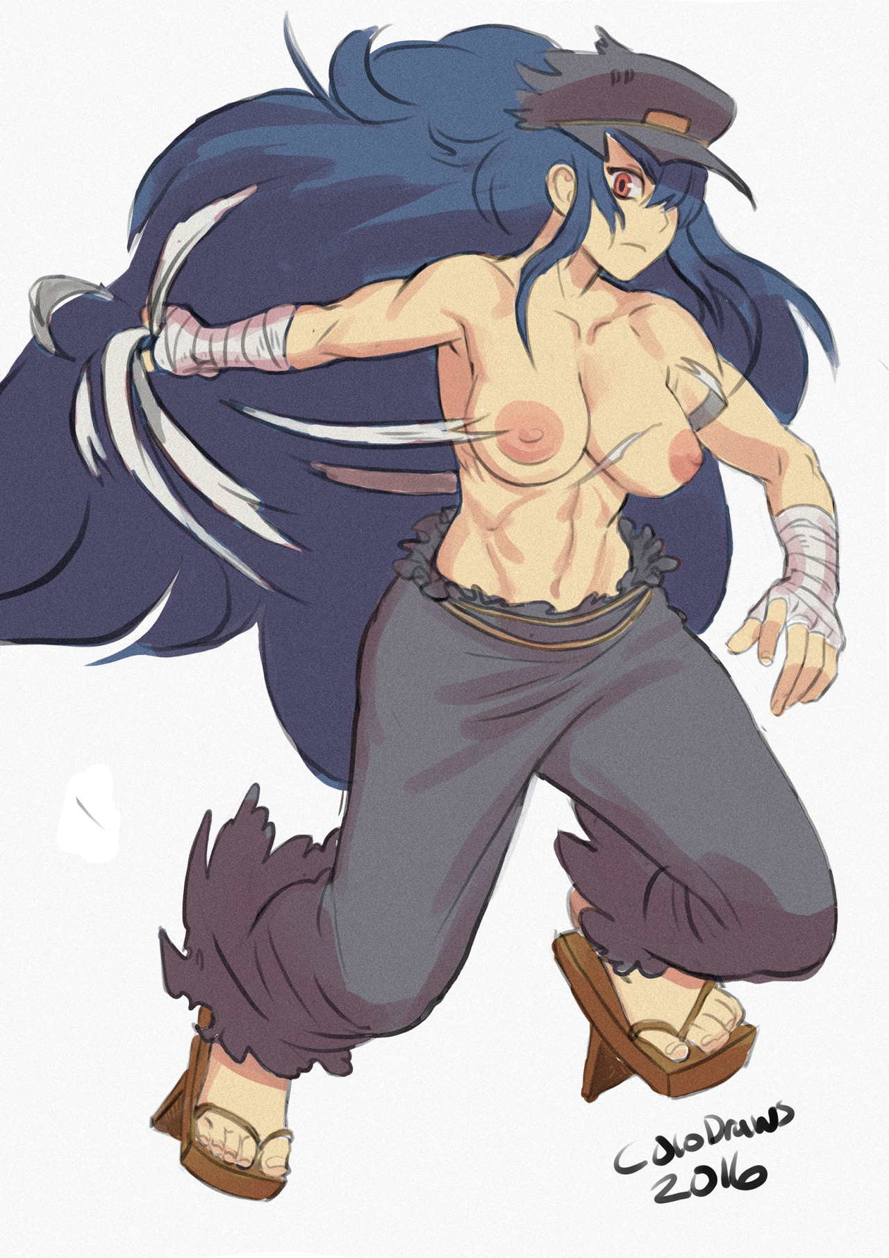 abs, areolae, bancho, black hair, blue hair, breasts, colo, daidouji (senran kagura), female, geta, hair over one eye, long hair, looking at viewer, navel, nipples, red eyes, sandals, senran kagura, solo, standing, stomach, toned, topless, torn clothes, very long hair, wrist wraps