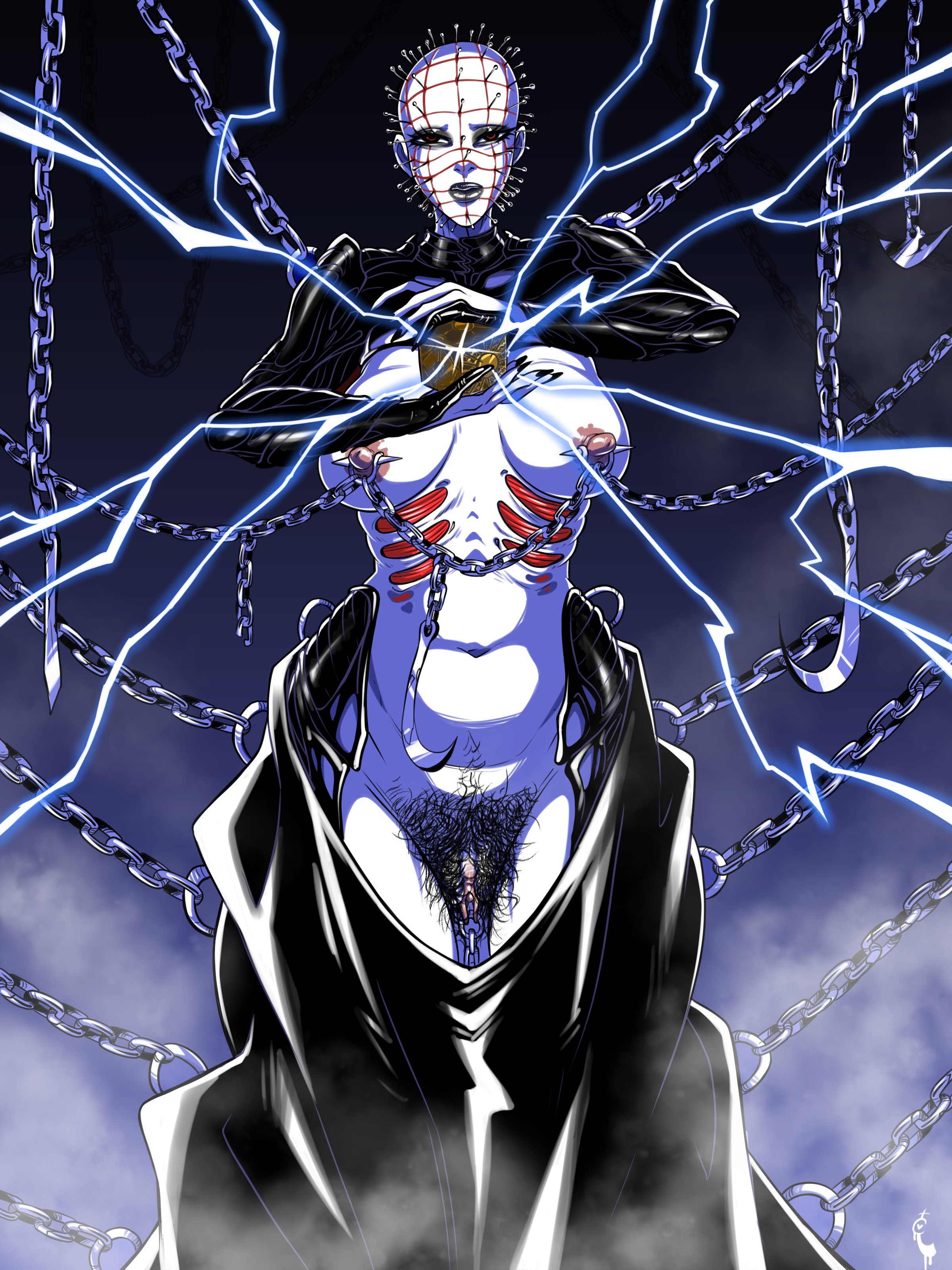 1girls, areolae, bald, bald female, black lips, black nails, black pubic hair, breasts, chains, clitoris, electricity, excessive pubic hair, eyelashes, female, female only, genderswap, genderswap (mtf), hairy pussy, hellraiser, lament configuration, looking at viewer, monster girl, narrowed eyes, nipple chain, nipple piercing, nipples, partially clothed, pinhead, pubic hair, pussy, red eyes, rule 63, solo, turtlechan, very high resolution, white body