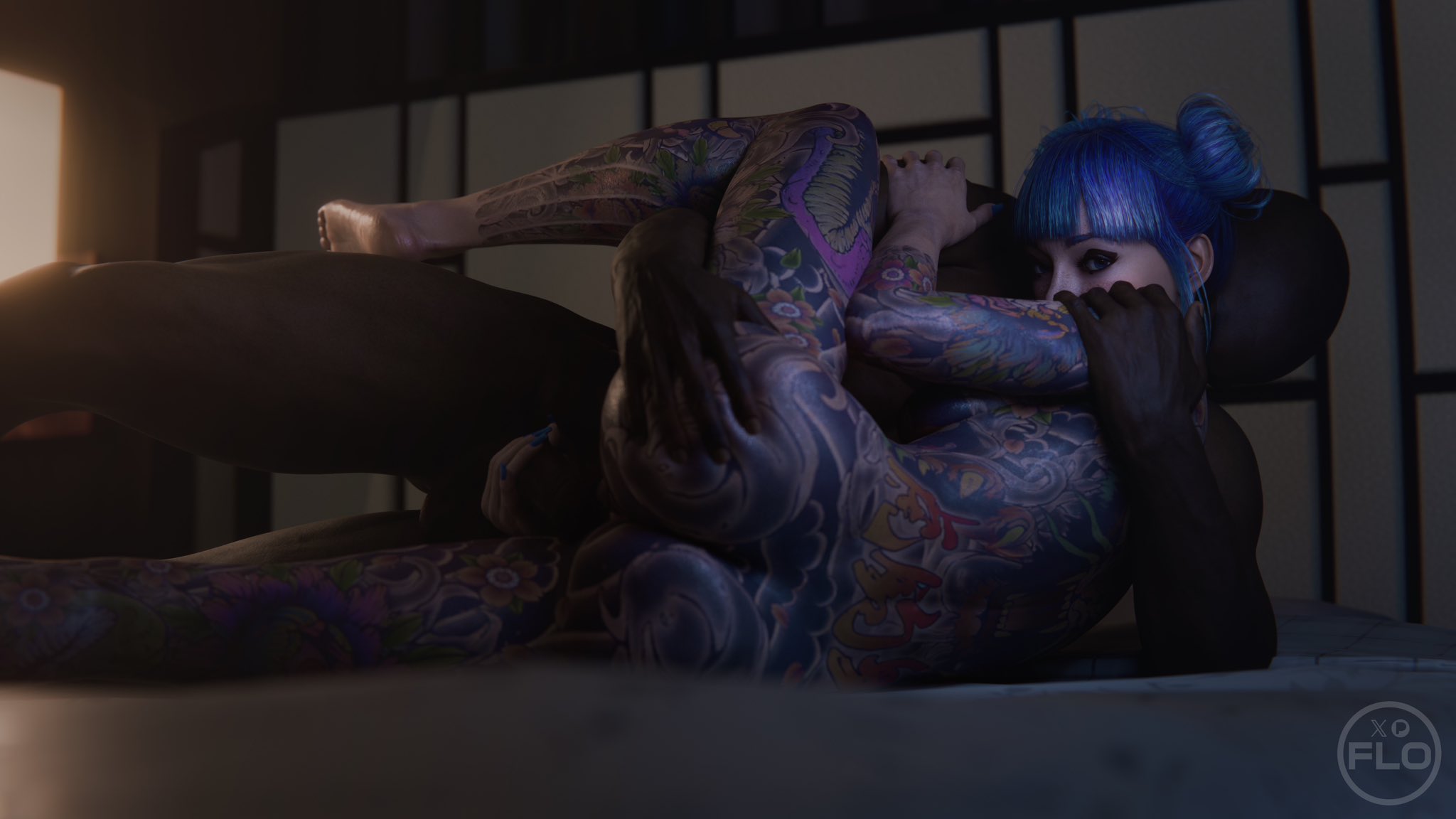 1boy, 1girls, 3d, 3d (artwork), 3d model, 3d render, arm grab, ass, ass grab, back view, balls, bed, bedroom, bedroom sex, big ass, big butt, blender, blue hair, butt, chase81, cheri nowlin, cyberpunk 2077, dark-skinned male, female, female focus, fluidity3d, interracial, interracial sex, light-skinned male, looking at viewer, looking back, madruga3d, male, penis, penis in pussy, pussy, round ass, round butt, sex, spooning, straight sex, tattoo, tattoos, tattoos everywhere, vagina, vaginal, vaginal penetration, vaginal sex, yakuza tattoo