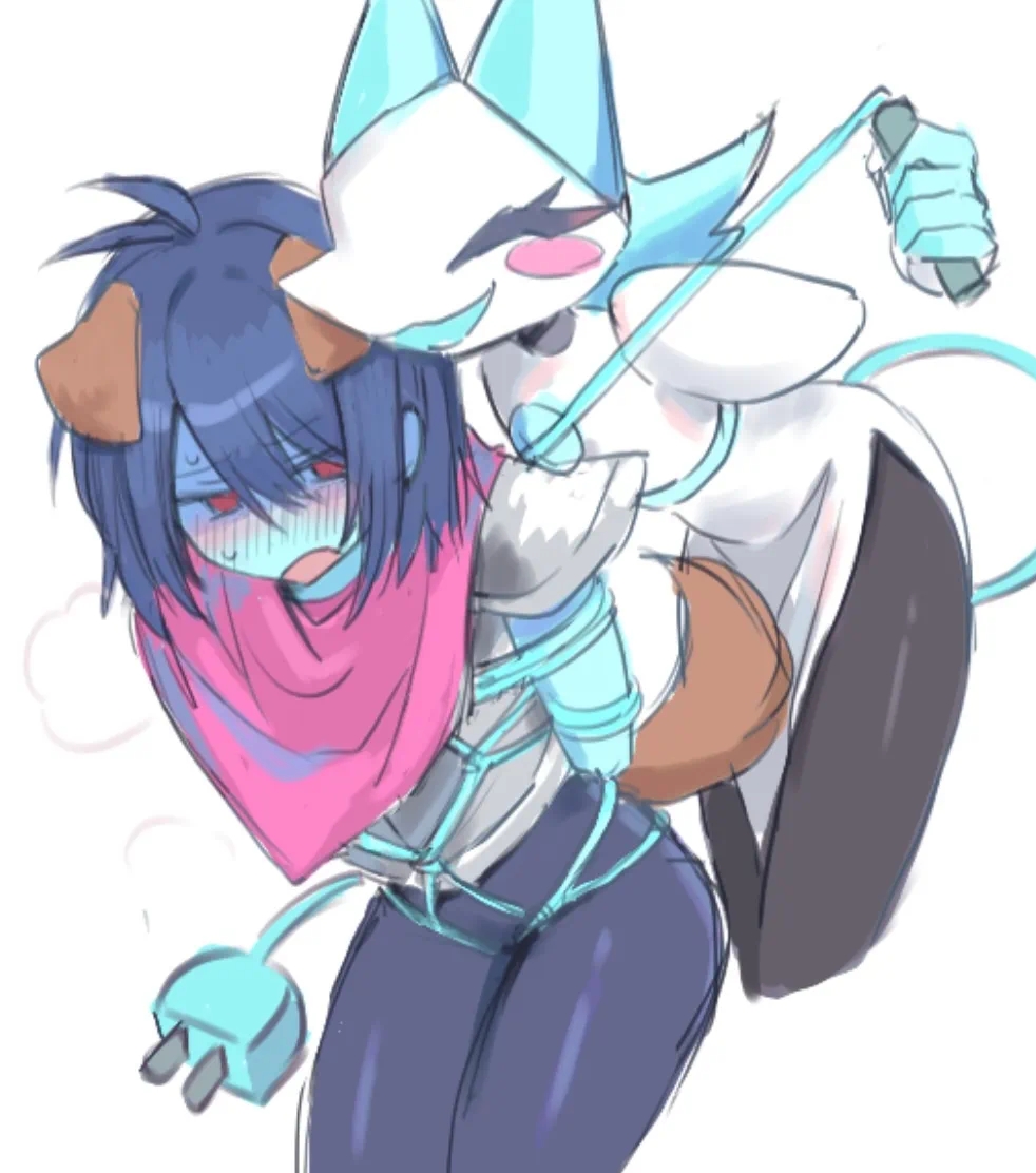 ambiguous gender, artist request, blush, bondage, clothed, clothing, deltarune, dog ears, female, femdom, flat chest, kris (dark world form), kris (deltarune), no penetration, tasque manager (deltarune), tied up