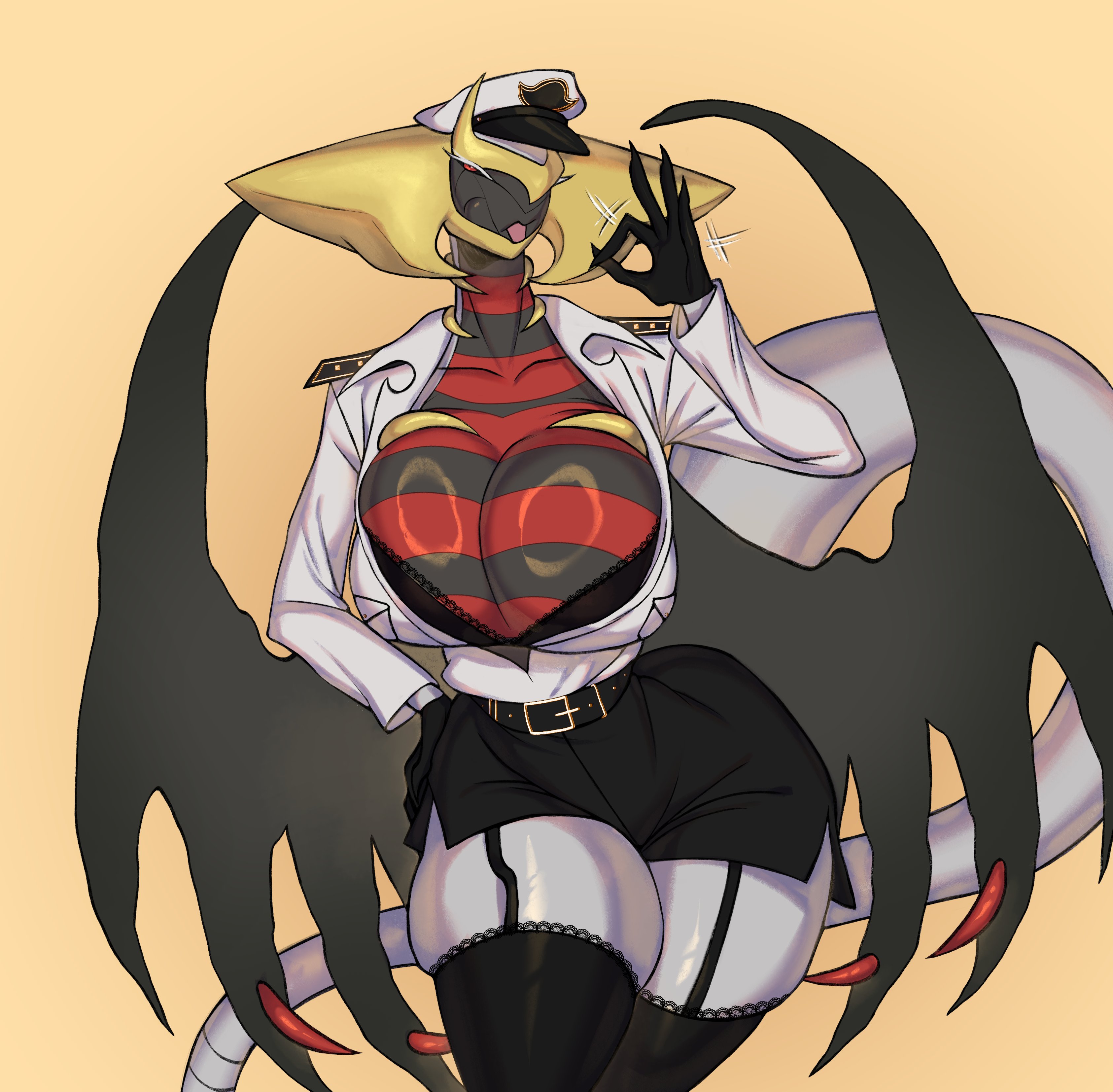 1girls, big breasts, cleavage, giratina, huge breasts, large breasts, legendary pokemon, looking at viewer, pokemon, pokemon (species), skirt, thick thighs, toufucoo, wings