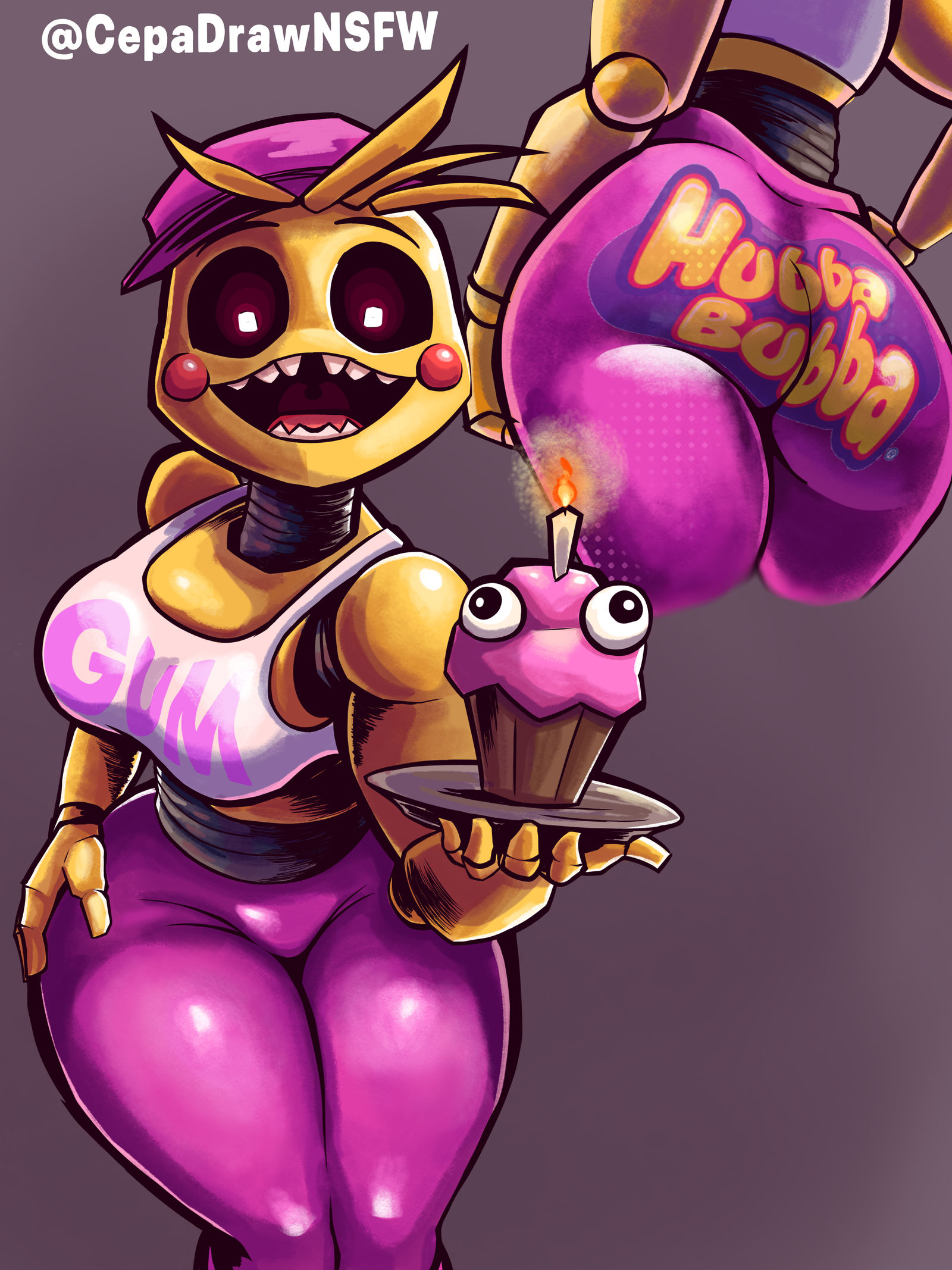 1girl, 1girls, animatronic, animatronic female, beakless, cebollitaf7, chicken, chicken girl, cupcake (fnaf), female, five nights at freddy's, five nights at freddy's 2, fnaf, hubba bubba, hubba bubba bubble butt, novelty pants, phasianid, robot, robot girl, scottgames, solo, solo female, tagme, toy chica (fnaf), yellow, yellow skin