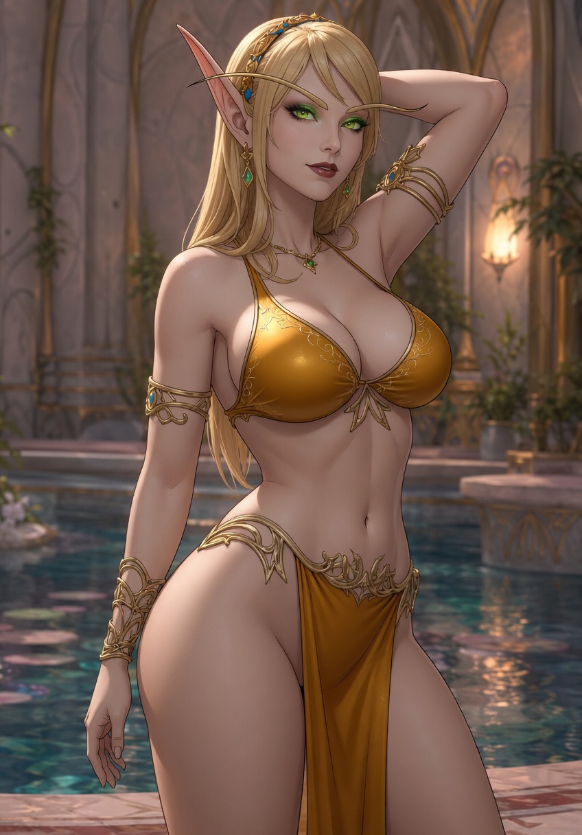 1girls ai_generated armlet armpit_crease armpits bangs belly_button blonde_hair blood_elf bracers chatgpt cleavage dancer_outfit earrings elf elf_ears elf_female embroidery eyeshadow fantasy fantasy_clothing fantasy_world female female_only green_eyes green_eyeshadow grok hair_over_shoulder hairband jewelry light-skinned_female lipstick loincloth long_eyebrows looking_at_viewer luxury medium_breasts midriff narrow_waist no_panties one_arm_behind_head one_hand_on_hip outline pelvic_curtain pointy_ears poolside pose posing priestess rgomez007 royal seductive_look self_upload sideboob sidelocks skimpy_clothes slender_body slight_smile solo_female standing swimming_pool thick_eyelashes thick_lips thick_thighs world_of_warcraft