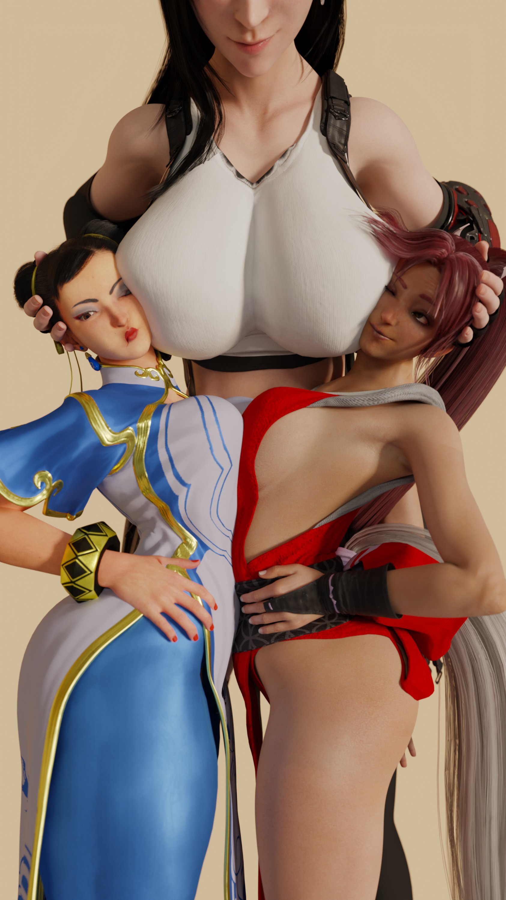3girls, asian, asian female, big boobs, big breasts, bigger female, boobs, breasts, chinese, chinese female, chun-li, clothed, clothed female, fatal fury, female, female focus, final fantasy, final fantasy vii, final fantasy vii remake, giantess, japanese, japanese female, king of fighters, large boobs, large breasts, larger female, mai shiranui, mini giantess, older female, shorter female, smaller female, square enix, street fighter, street fighter 6, tifa lockhart, woahtheybig, younger female