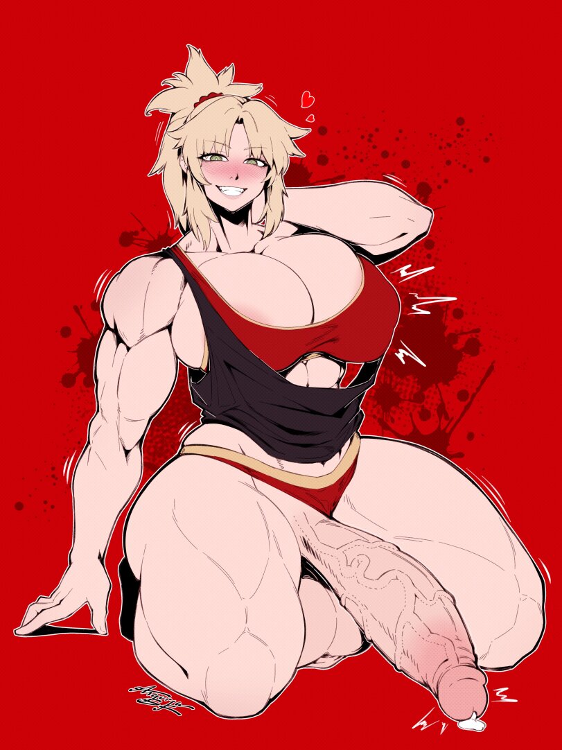 abs, anguriask, balls, ballsack, biceps, blonde hair, breasts, breasts bigger than head, brushing hair, cleavage, cock, covered breasts, cum, cum leaking, fate (series), flaccid, flaccid penis, futa cock, futa cum, futa only, futanari, futanarization, green eyes, horny, horny futa, huge balls, huge biceps, huge breasts, huge cock, huge testicles, looking at viewer, mordred (fate), muscle mommy, muscular, muscular arms, muscular futa, muscular futanari, muscular thighs, nipple outline, penis, smiling, smiling at viewer, solo, spread legs, testicles, veiny penis