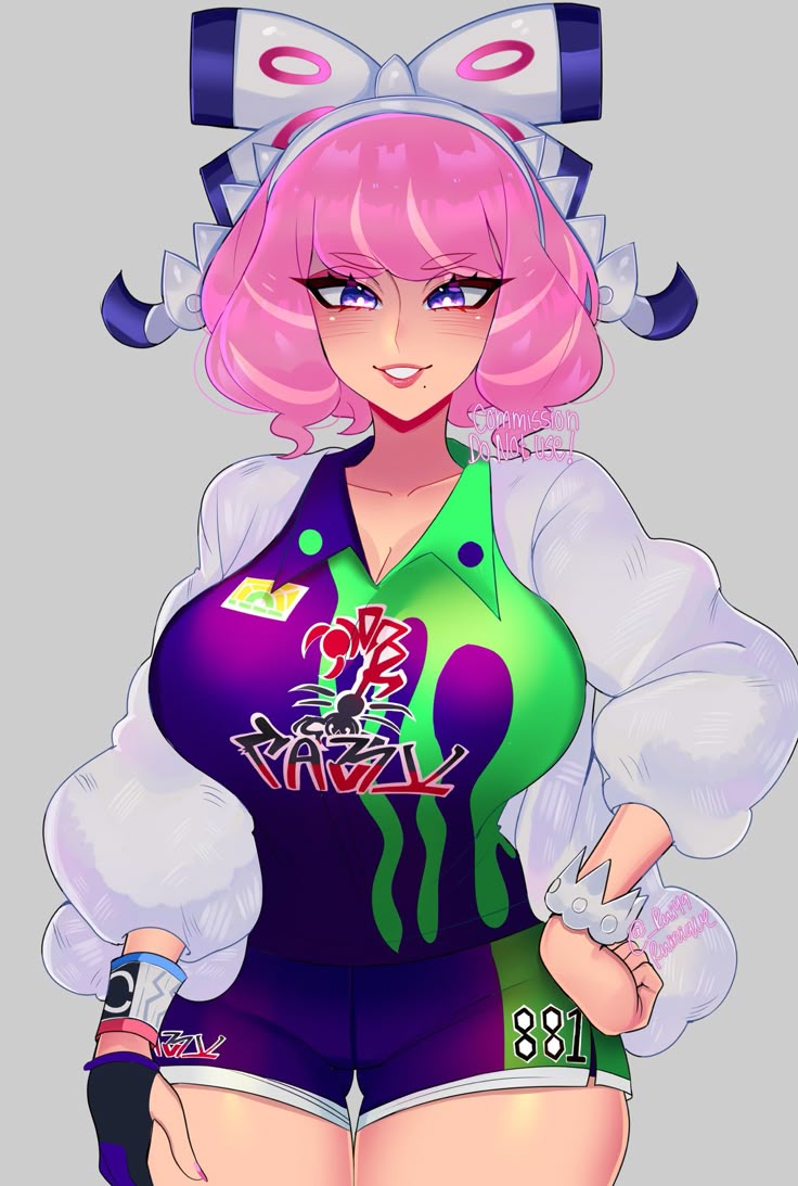 1girls, artist request, bangs, big breasts, bow, breasts, gloves, hair bow, hairband, jewelry, klara (pokemon), large breasts, looking at viewer, mole, mole under mouth, partly fingerless gloves, pink hair, pokemon, pokemon ss, print shirt, purple eyes, shorts, single glove, smile, solo, white bow, wristband