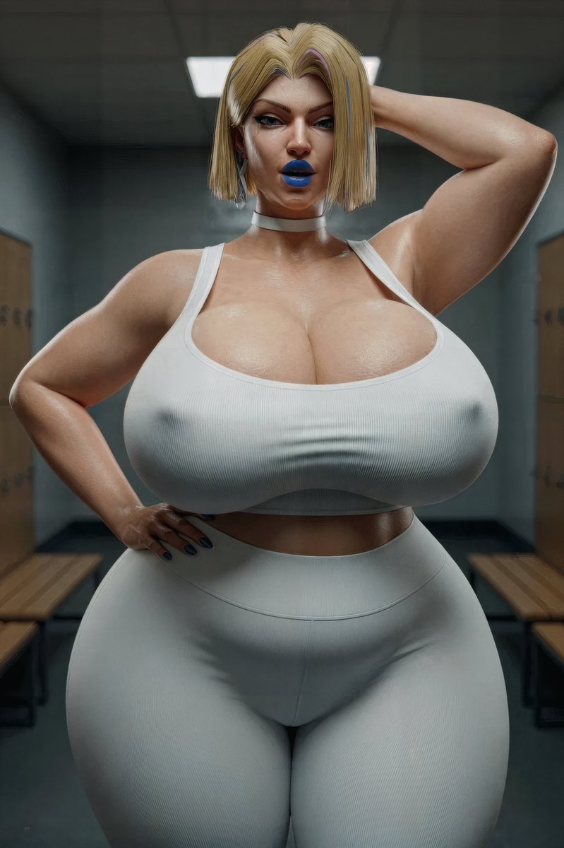 1girl, 3d, 3d (artwork), 8k, alternate breast size, areola, areola bulge, areolae, areolae visible through clothing, bbw, big ass, big breasts, black eyeshadow, blonde female, blonde hair, blonde hair female, blonde-haired female, blue eyes, breasts, breasts bigger than head, busty, cleavage, curvy, emma frost, emma frost (marvel rivals), face, female, female only, gym, gym clothes, gym clothing, gym uniform, hi res, high resolution, hips, hourglass figure, hourglass figured female, huge ass, huge breasts, large ass, large breasts, leggings, light skin, light-skinned female, looking at viewer, love handles, marvel, marvel comics, marvel rivals, mascara, mature female, milkers, natural breasts, pale skin, pale-skinned female, pinup, pose, sfw, solo, tank top, thethiccart, thick thighs, thighs, venus body, voluptuous, voluptuous female, white leggings, white tank top, wide hips, wide thighs