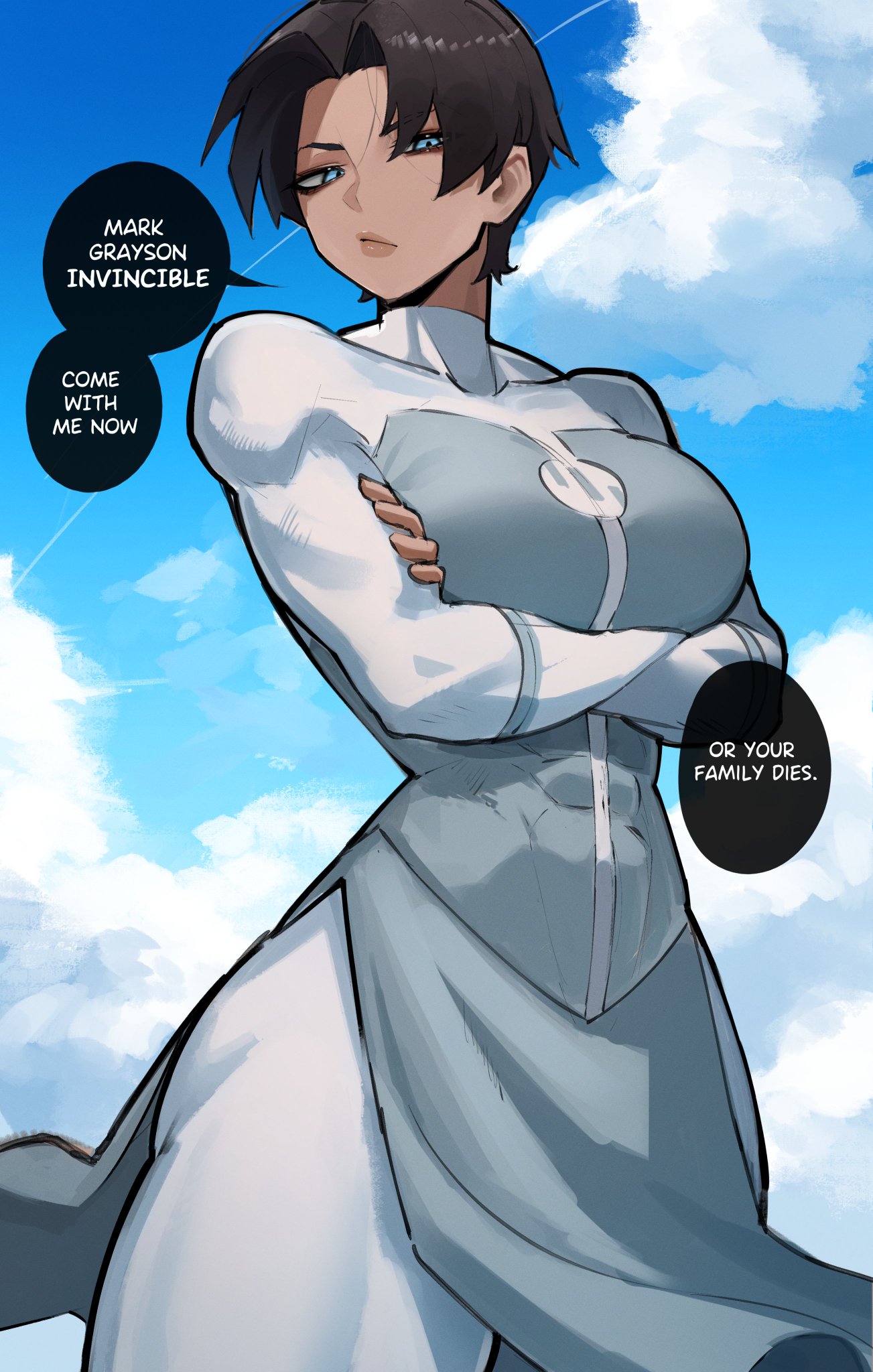 1girls, abs, anissa, big breasts, black hair, blue eyes, canon dialogue, canonical scene, channyy19, clothed, clothing, color, english text, female, female focus, female only, fit female, hi res, invincible, large breasts, light skin, light-skinned female, looking at viewer, muscles, muscular, muscular female, serious, serious look, short hair, solo, solo female, text, text bubble, thick thighs