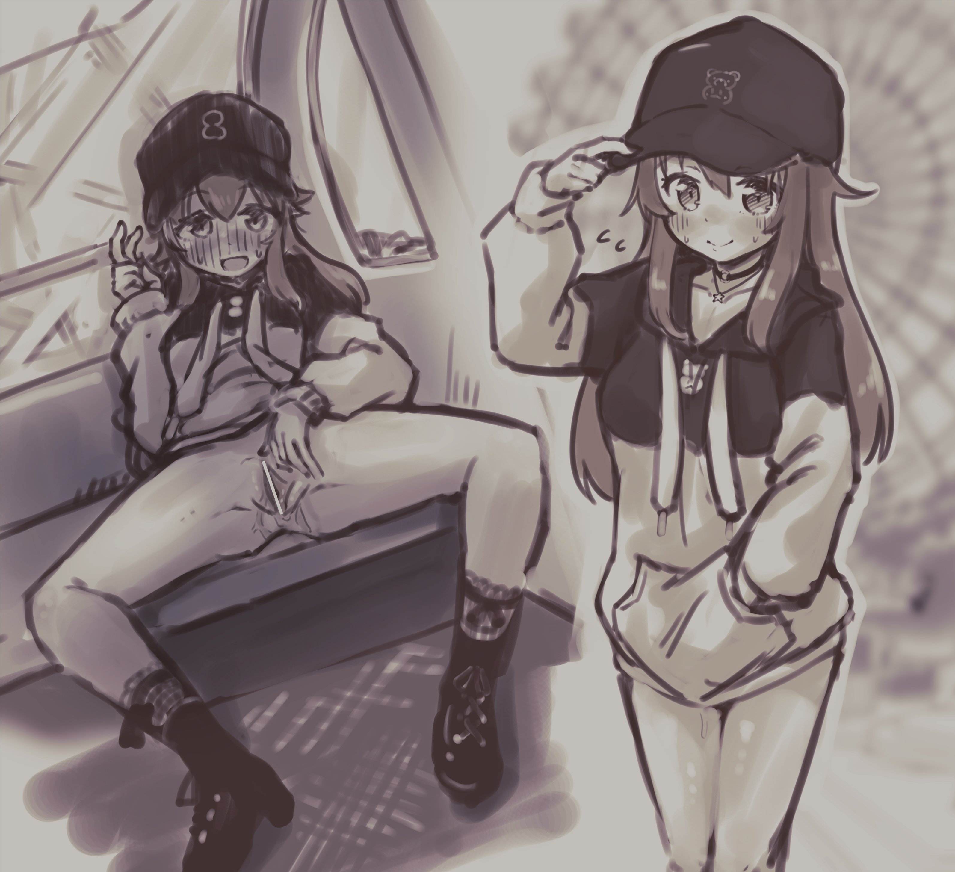 blush, bottomless, cap, embarrassed, female pervert, ferris wheel, hat, hololive, hololive japan, looking at viewer, pussy, pussy juice, spread legs, spread pussy, tokino sora, v, virtual youtuber, wet pussy, yokaranuyakara