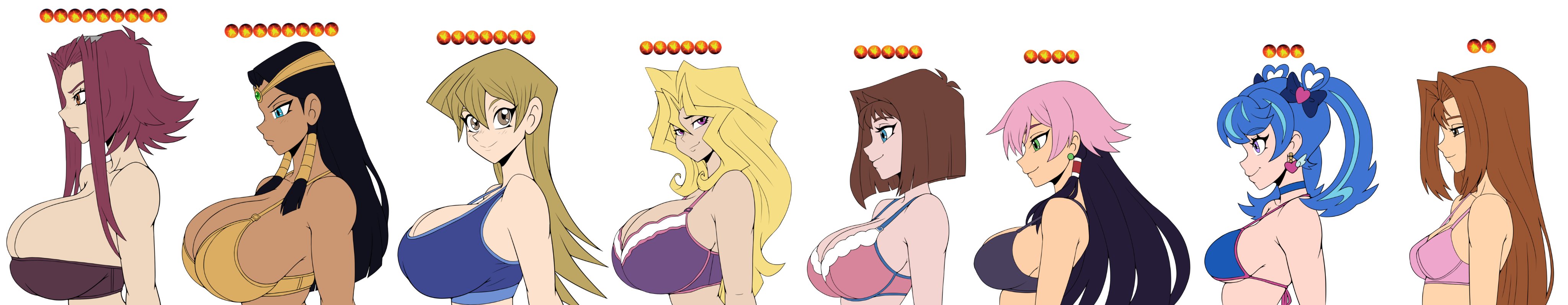 akiza izinski, alexis rhodes, anzu mazaki, aqua hair, big breasts, black hair, blonde hair, blue angel, blue eyes, blue hair, blush, bra, braids, breast chart, breasts, breasts size difference, brown eyes, brown hair, closed mouth, commission, crossover, dark skin, egyptian, embarrassed, female, female only, green eyes, hi res, huge breasts, iggy-bomb, isis ishtar, izayoi aki, kawai shizuka, kujaku mai, large breasts, light skin, looking at viewer, luna (yu-gi-oh! zexal), mai valentine, medium breasts, multicolored hair, multiple girls, pale skin, pink hair, purple eyes, red hair, ribbon, seductive smile, serenity wheeler, side view, sideboob, size difference, smile, standing, star, tea gardner, teenage girl, tenjouin asuka, twintails, underwear, voluptuous, white background, white skin, younger female, yu-gi-oh!, yu-gi-oh! 5d's, yu-gi-oh! duel monsters, yu-gi-oh! gx, yu-gi-oh! vrains, yu-gi-oh! zexal, zaizen aoi