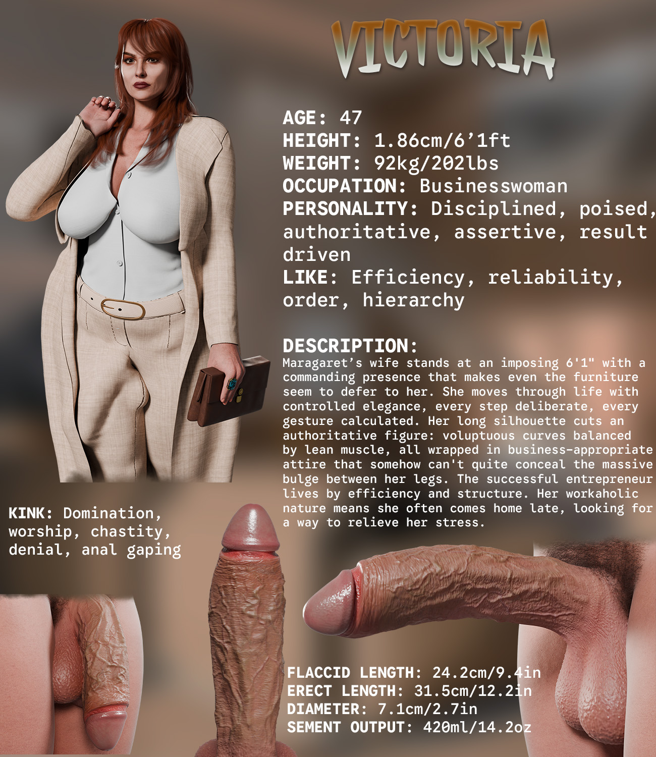3d, bbw, big balls, big breasts, big bulge, big penis, big testicles, breasts, bulge, bulge through clothing, casual, character name, character sheet, clothing, curvy, dickgirl, futa only, futadom, futanari, futanari only, granted, gynomorph, huge balls, huge bulge, huge cock, huge testicles, human, hung, hung futa, intersex, large breasts, large bulge, large penis, mature, measurement, measurements, milf, nonsexual, nonsexual nudity, pale skin, penis, penis bulge, penis chart, penis under clothes, solo, solo futa, text, thick penis, tiltproofno, uncensored, vanessa (tiltproofno), vein, veins, veiny, veiny penis, voluptuous, voluptuous futanari