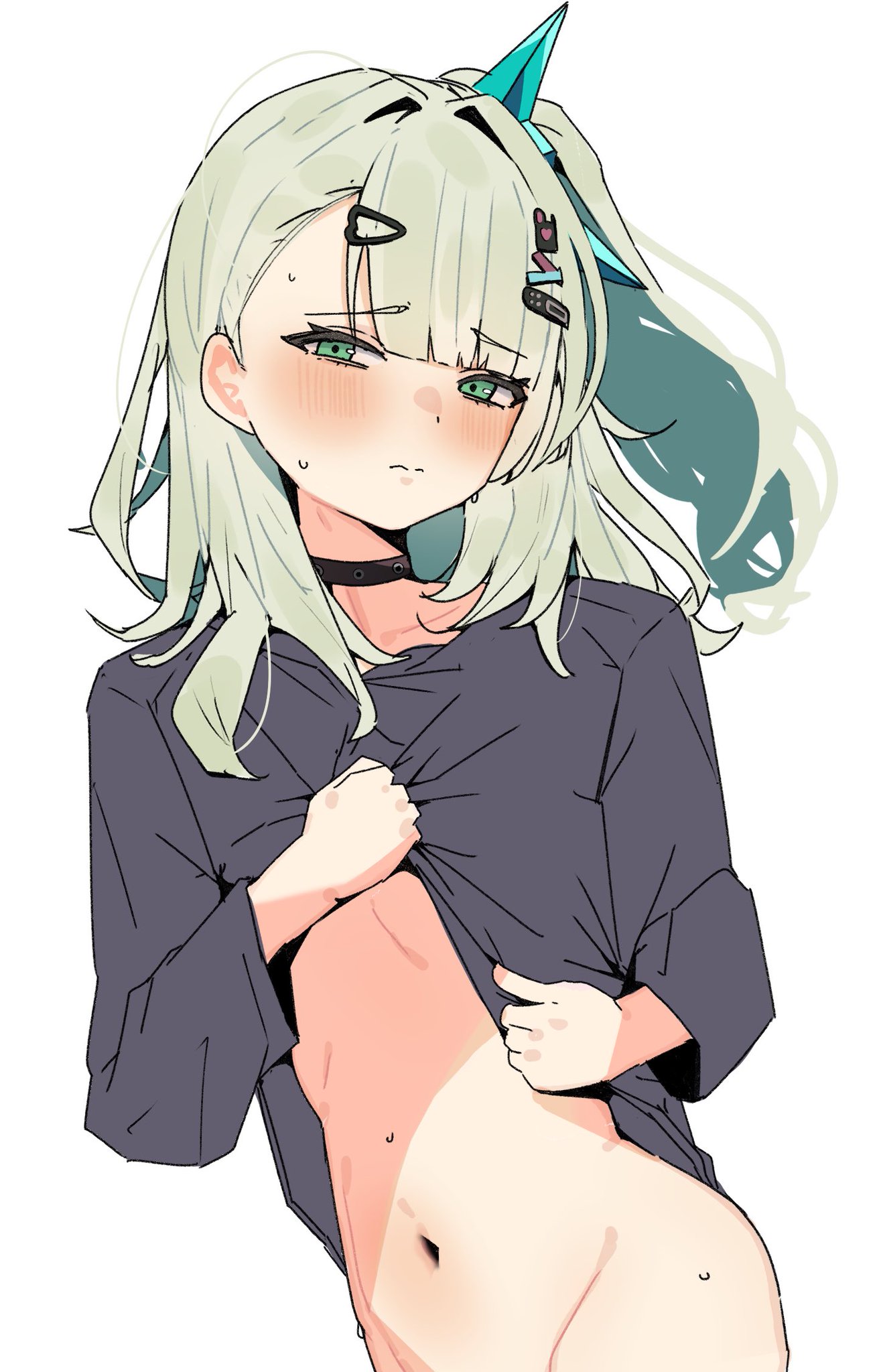 1girls, alternate costume, angels of delusion, blush, blushing at viewer, clothes lift, clothing, collar, flat chest, grabbing clothing, grabbing shirt, green eyes, green hair, hair ornament, hairpin, holding clothing, k (mynameis  k), looking at viewer, navel, no panties, partially clothed, partially nude, sole female, solo, sunna (zenless zone zero), sweat, sweatdrop, sweating, zenless zone zero