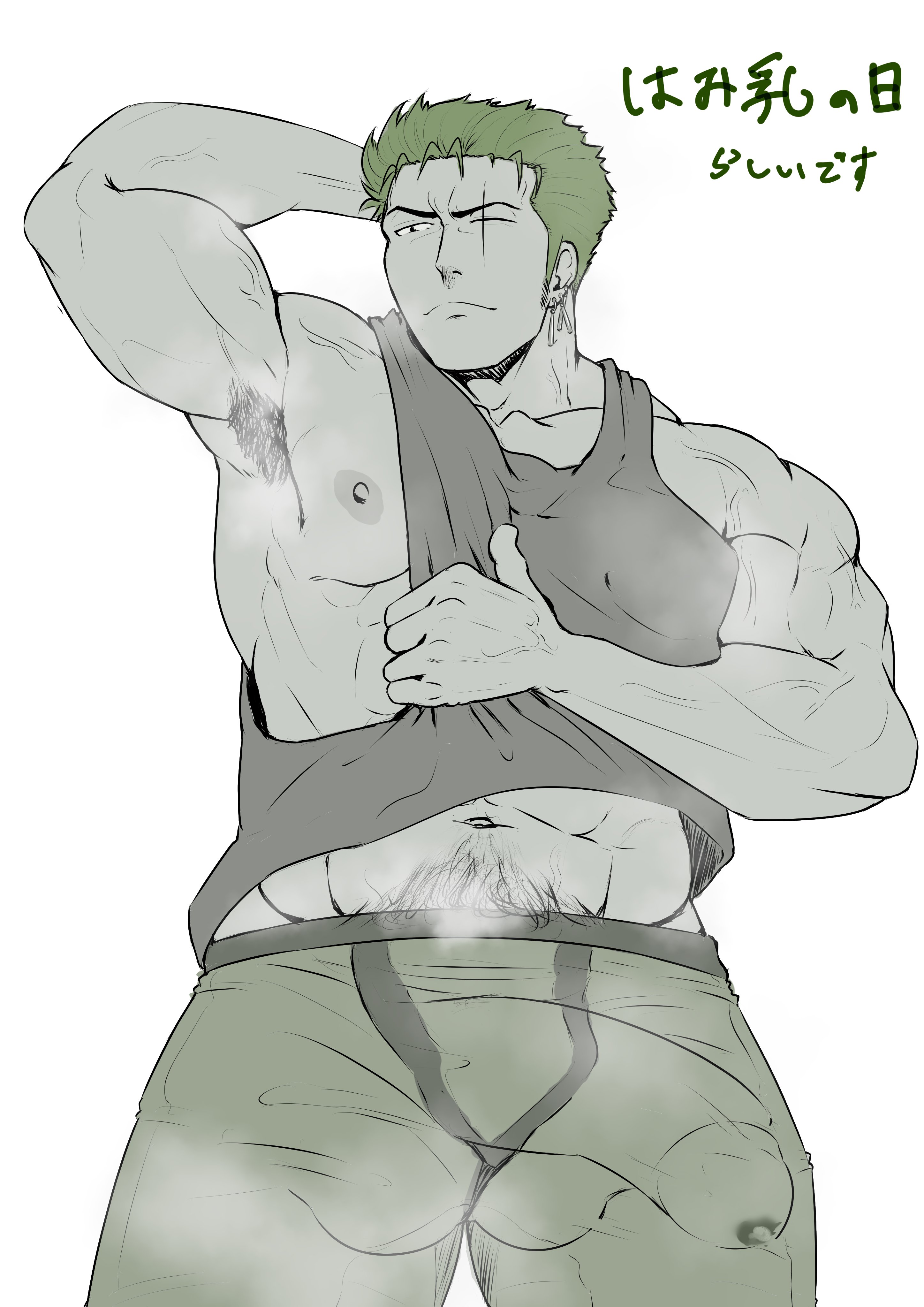 1boy, abdomen, abs, armpit, armpit hair, armpits, asymmetrical balls, balls, balls bulge, ballsack, bara, bara tiddies, bara tits, barazoku, beefy, bent penis, big balls, big biceps, big cock, big dick, big dick energy, big glans, big muscles, big penis, big testicles, bigger male, broad shoulders, bulge, bulge in underwear, bulge under clothes, chad, circumcised, circumcised penis, cock, defined jawline, defined muscles, dick, earrings, erect cock, erect dick, erect penis, erection, erection pushing underwear, erection under clothes, erection under underwear, flexing, flexing arms, flexing bicep, frown, frowning, gay, glans, green hair, green underwear, hairy, hairy armpits, hairy male, hairy pubes, half naked, half naked male, half nude, half nude male, half-dressed, half-dressed male, hand behind head, holding shirt, homoerotic, horny, horny male, huge cock, huge male, hunk, japanese male, japanese text, large cock, large dick, large penis, larger male, long cock, long dick, looking away, male, male focus, male only, manly, masculine, masculine male, mature, mature male, monochrome, morning, morning erection, muscles, muscular, muscular arms, muscular biceps, muscular male, muscular neck, muscular shoulders, neck muscles, no background, no pants, one piece, penis, penis bulge, pirate, post-timeskip, precum, precum bubble, pubic hair, roronoa zoro, scar, scar across eye, scar on face, sexy, sexy male, shirt, shirt pull, six pack, sleepwear, smell, smell fetish, smelly, smelly armpits, smelly balls, smelly body, smelly cock, smelly dick, smelly penis, solo, solo focus, solo male, spontaneous erection, syakenokumasan, tall, tall male, taller, taller male, testicles, thick, thick arms, thick body, thick cock, thick dick, thick penis, tight, tight balls, tight underwear, trapezius, underwear, wake up, waking up, wanting sex, yaoi, zoro, zoro (one piece)