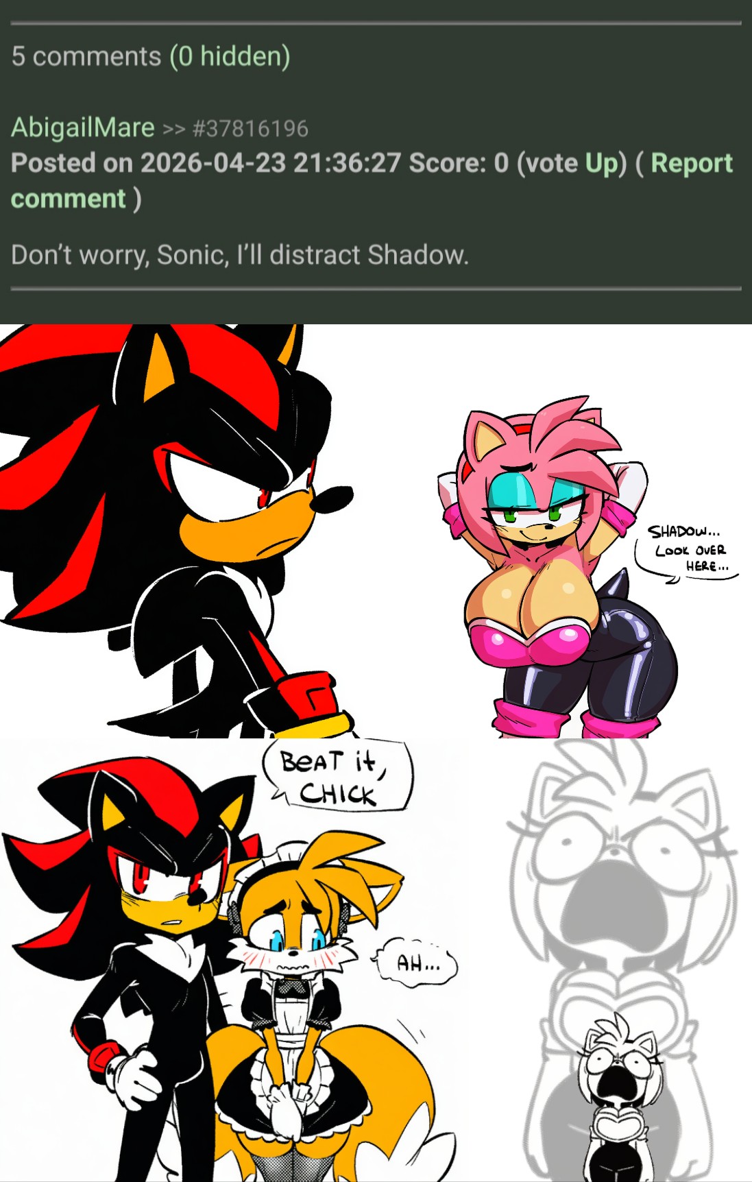 ai generated, amy rose, anthro, comic, commentary, failed attempt, failed domination, femboy, funny, furry, gay, huge breasts, kimmythefem, no sex (yet), plot twist, rouge the bat (cosplay), serious, shadow the hedgehog, shocked, shocked expression, slim waist, sonic (series), sonic the hedgehog (series), tails the fox, thick thighs, white background, wide hips