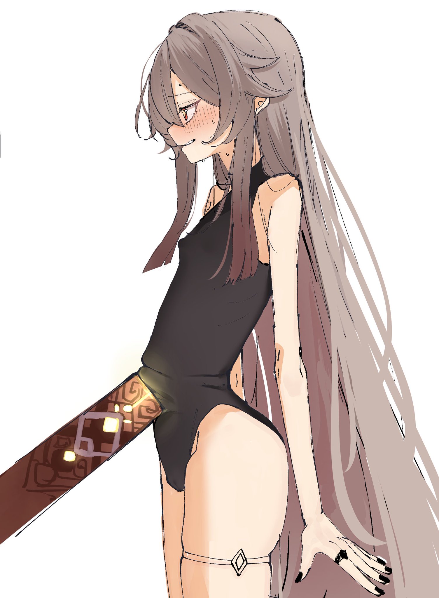 1girls, alternate costume, ass, black nails, blush, genshin impact, hu tao (genshin impact), k (mynameis  k), nervous, nervous smile, nipple bulge, nipples, painted nails, pillar, pressed against belly, ring, small breasts, sole female, sweat, sweatdrop, sweating, thigh strap, thighs, tight clothing, womb massage, womb stimulation