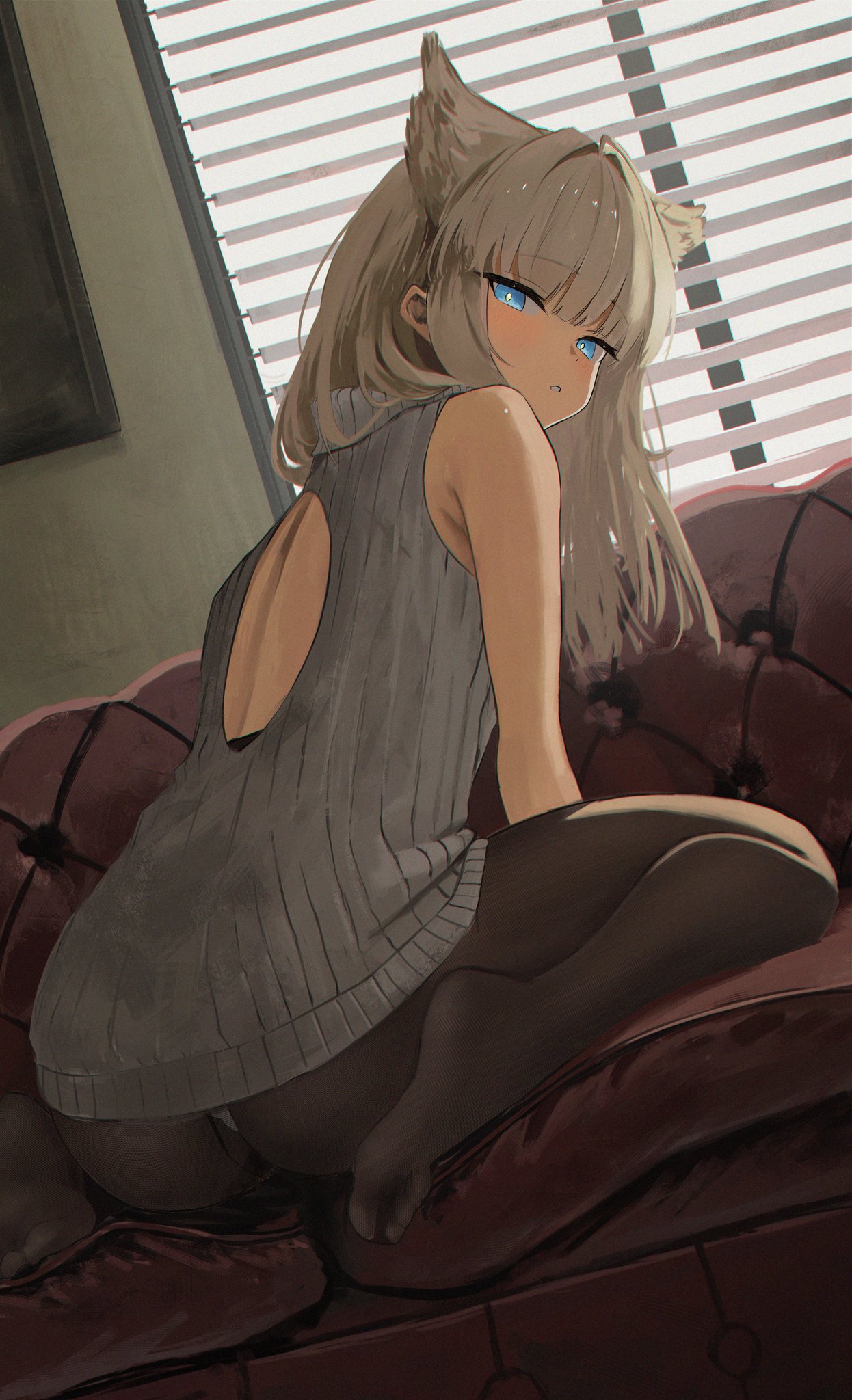1girls, alternate costume, animal ears, arknights, arknights: endfield, artist request, ass, blue eyes, couch, fully clothed, looking at viewer, looking back, mzk yoru, nylons, on all fours, panties, panties visible through clothing, perlica (arknights: endfield), sole female, solo, solo female, stockings, white panties
