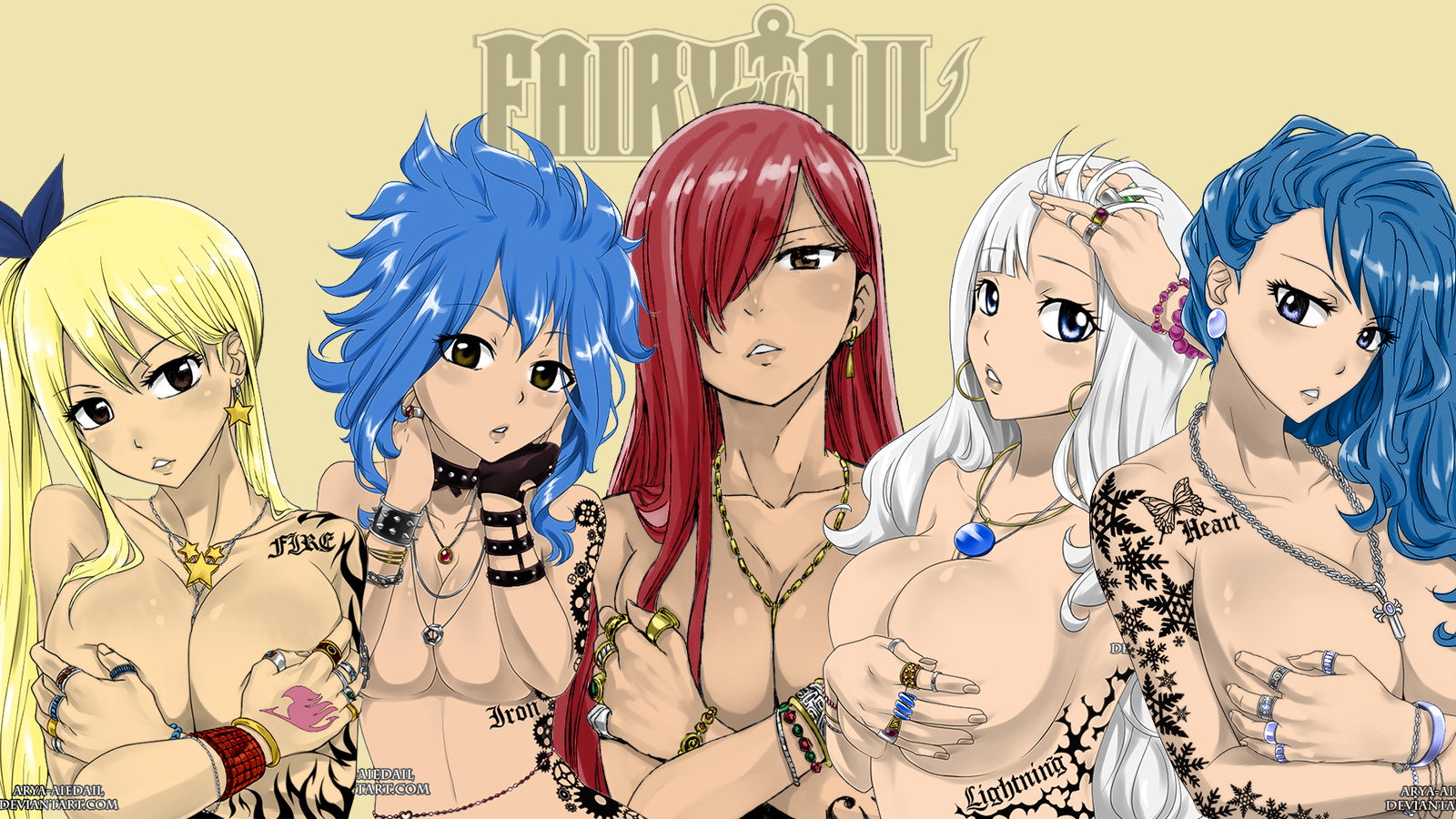 5girls, blonde hair, blonde-haired female, blue eyes, blue hair, blue-haired female, body writing, brown eyes, earrings, erza scarlet, fairy tail, fairy tail mark, female, female only, hand tattoo, juvia lockser, levy mcgarden, long hair, lucy heartfilia, mirajane strauss, necklace, pink tattoo, red hair, red-haired female, ring, tattoo, tattoo on hand, tattooed hand, thumb ring, white hair, white-haired female