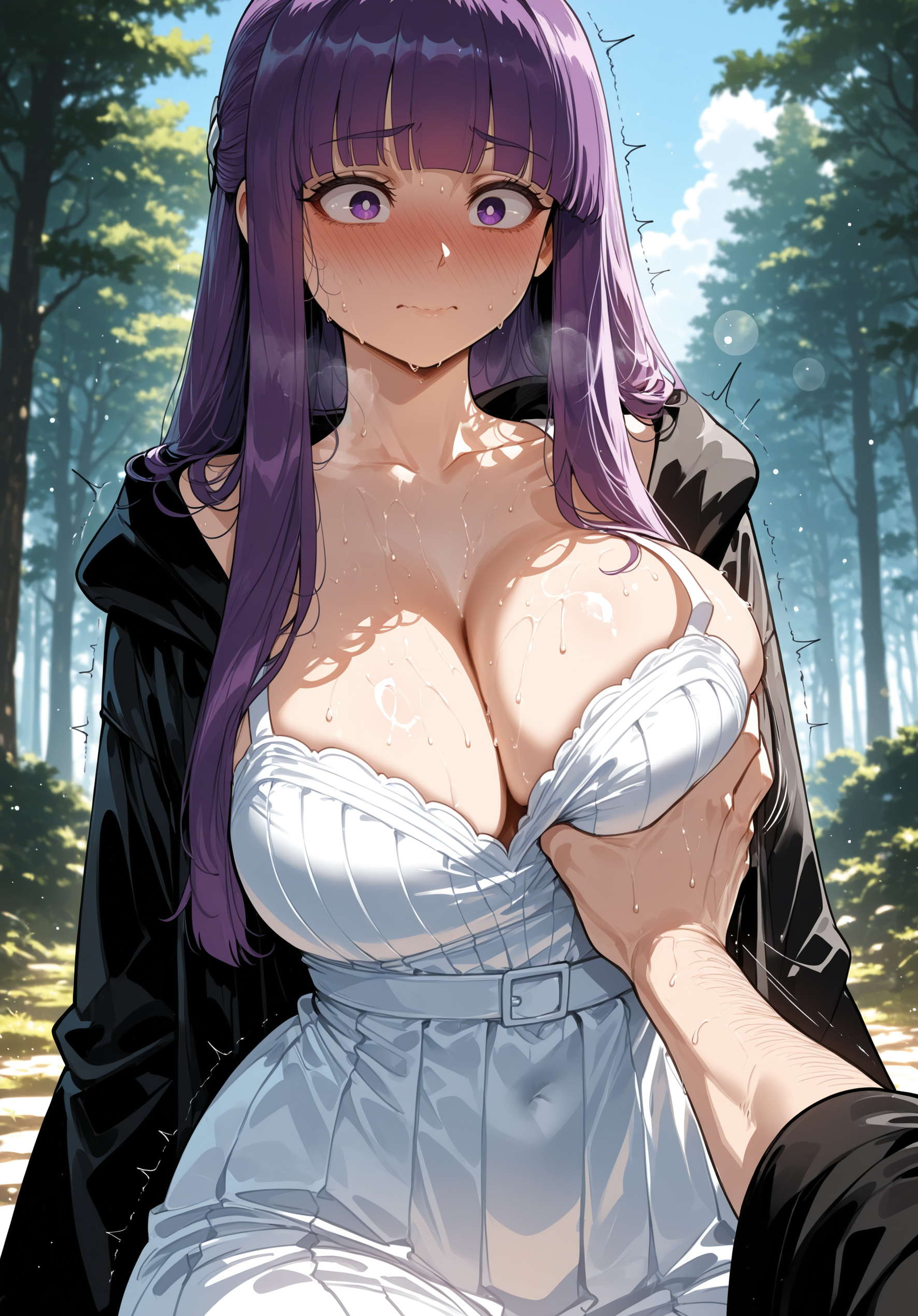 ai generated, big ass, big booty, big breasts, big butt, big thighs, breast grab, curvy, cute, fern (sousou no frieren), frieren beyond journey's end, hot, huge ass, huge booty, huge breasts, huge butt, huge thighs, miyuai, purple eyes, purple hair, sexy, sexy body, sexy female, sousou no frieren, thick, thick ass, thick body, thick butt, thick legs, thick thighs, tight dress, white dress