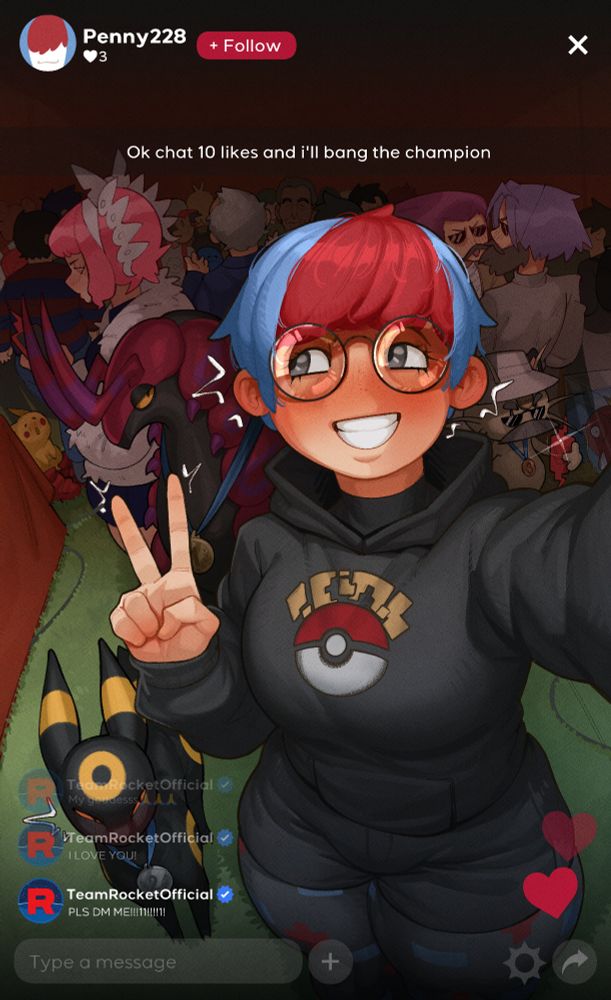 before sex, blush, character request, christian weston chandler, clenched teeth, female, female focus, glasses, hoodie, james (pokemon), jeffrey epstein, jessie (pokemon), light skin, light-skinned female, livestream, meowth, mr fuga, mrfuga, penny (pokemon), pikachu, poke ball, pokeball, pokemon, pokemon (species), pokemon sv, red hair, scolipede, short hair, smile, streaming, sweater, tagme, team rocket, thighs, two-tone hair, umbreon, v