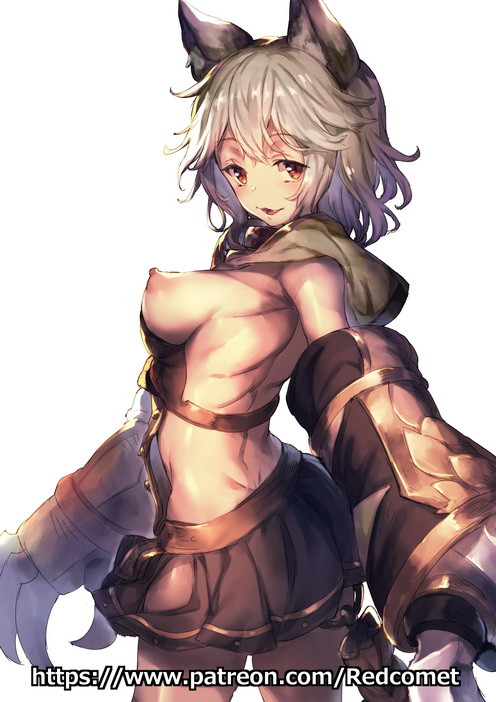 :d animal_ears breasts brown_eyes female gauntlets granblue_fantasy grey_hair looking_at_viewer nipples open_mouth redcomet sen_(granblue_fantasy) sideboob simple_background skirt smile solo watermark web_address white_background