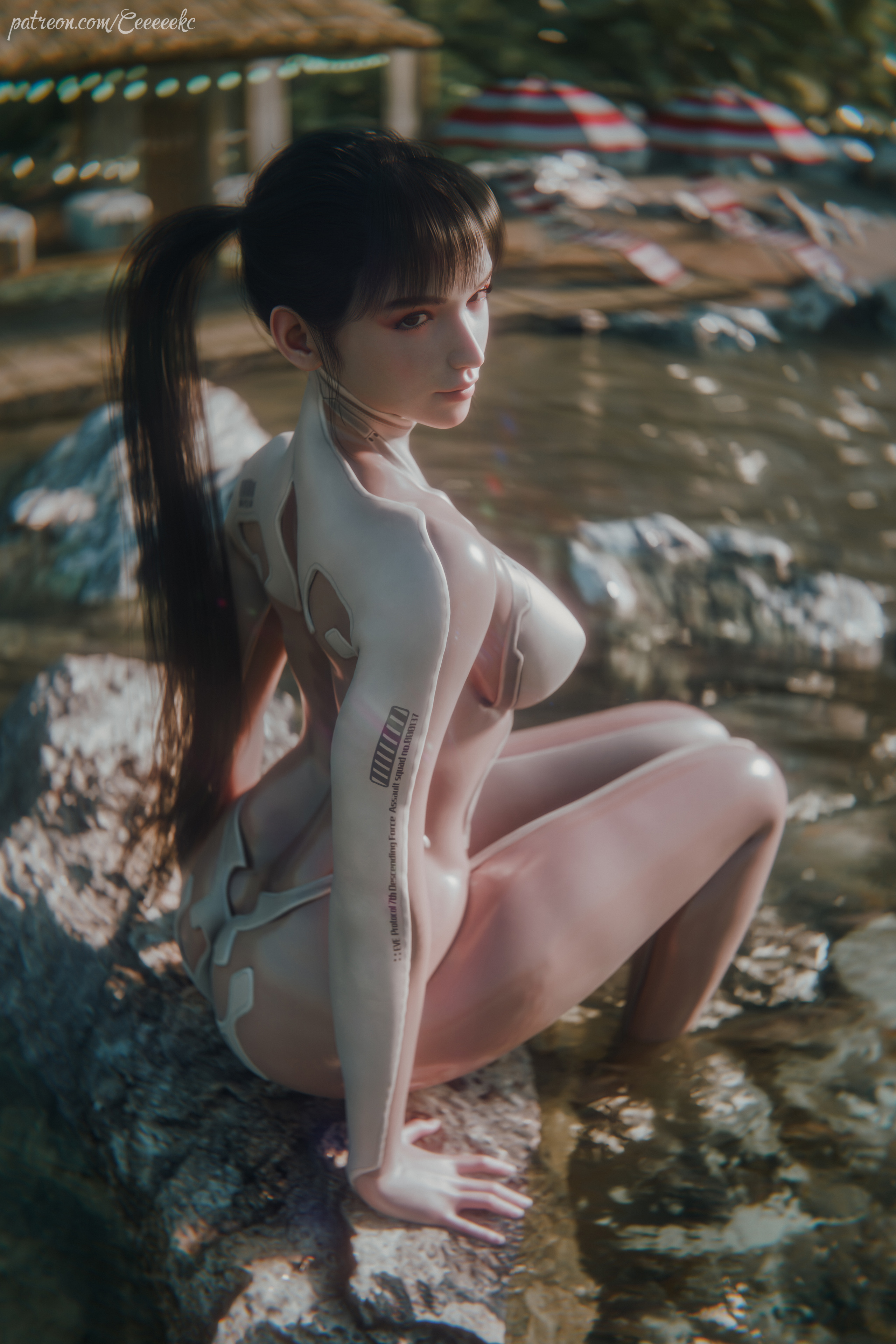 1girls, 2026, 3d, ass, beach, big ass, big breasts, black hair, bodysuit, brown eyes, ceeeeekc, clothed, clothed female, covered breasts, eve (stellar blade), eyeshadow, feet in water, female, female only, full body suit, lipstick, long hair, looking at viewer, rear view, rock, rocks, see-through bodysuit, skin suit (stellar blade), skin tight, skintight, skintight bodysuit, solo, stellar blade, submerged feet, tight clothes, tight clothing, very long hair, water