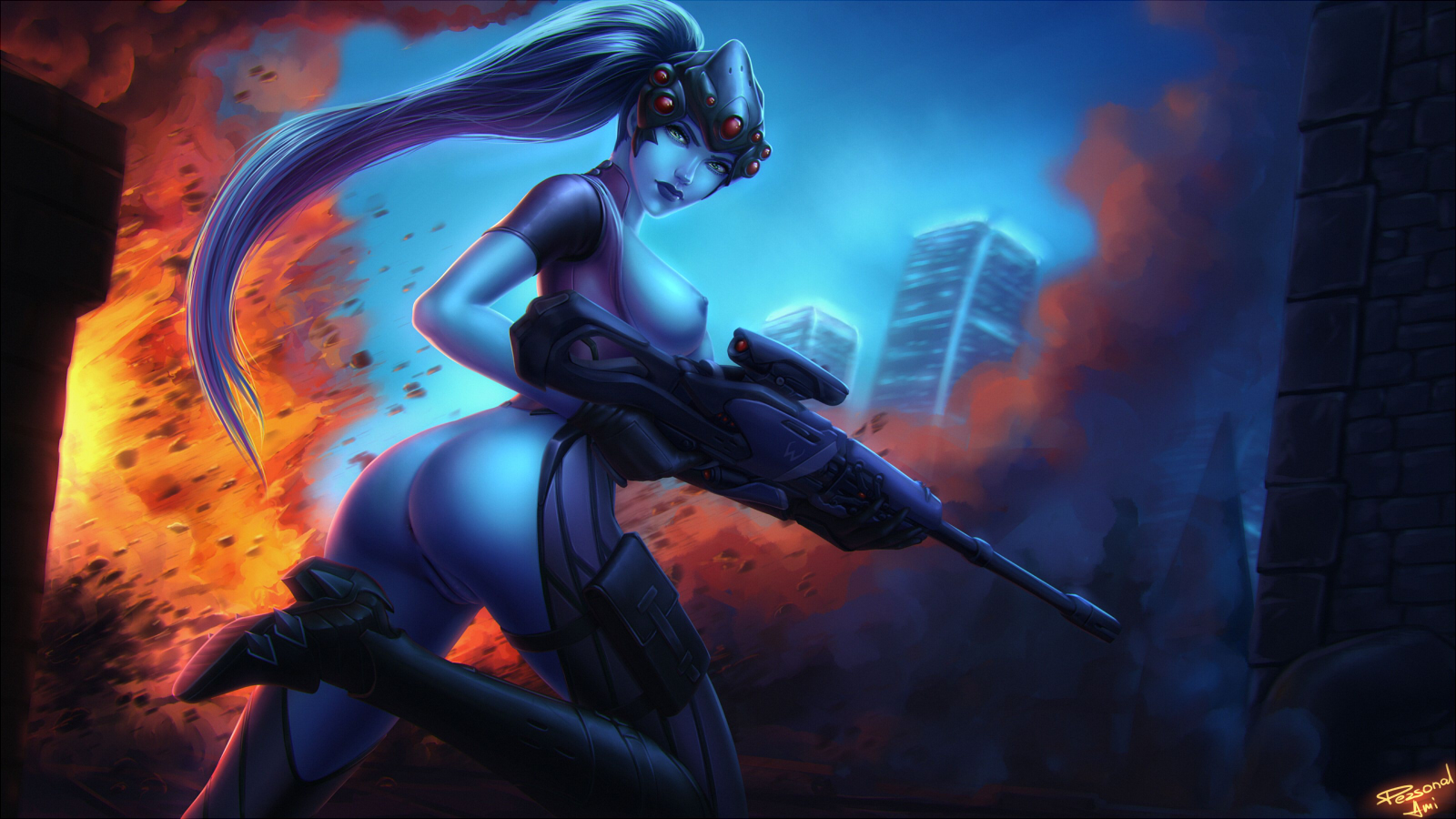 1girls, 2016, areola, ass, bodysuit, breasts, female, female only, gun, long hair, medium breasts, nipples, overwatch, personalami, pussy, solo, uncensored, weapon, widowmaker
