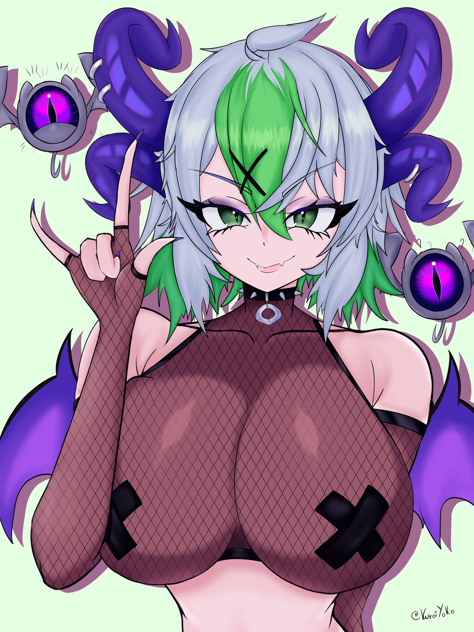 \\\\n/, 1girls, ahoge, artist name, bare shoulders, big breasts, breasts, collar, cross pasties, detached sleeves, eyelashes, eyeshadow, female, fishnet clothing, fishnet topwear, fishnets, flesh fang, froot, goth, goth girl, green eyes, green hair, horn piercing, horns, huge breasts, indie virtual youtuber, kuroiyokoshima, large breasts, long nails, looking at viewer, midriff, multicolored hair, nail polish, naughty face, nipple pasties, painted nails, pale skin, pale-skinned female, pasties, purple eyeshadow, purple nails, short hair, slim waist, smile, smug, solo, spiked collar, tomboy, virtual youtuber, vtuber, wings