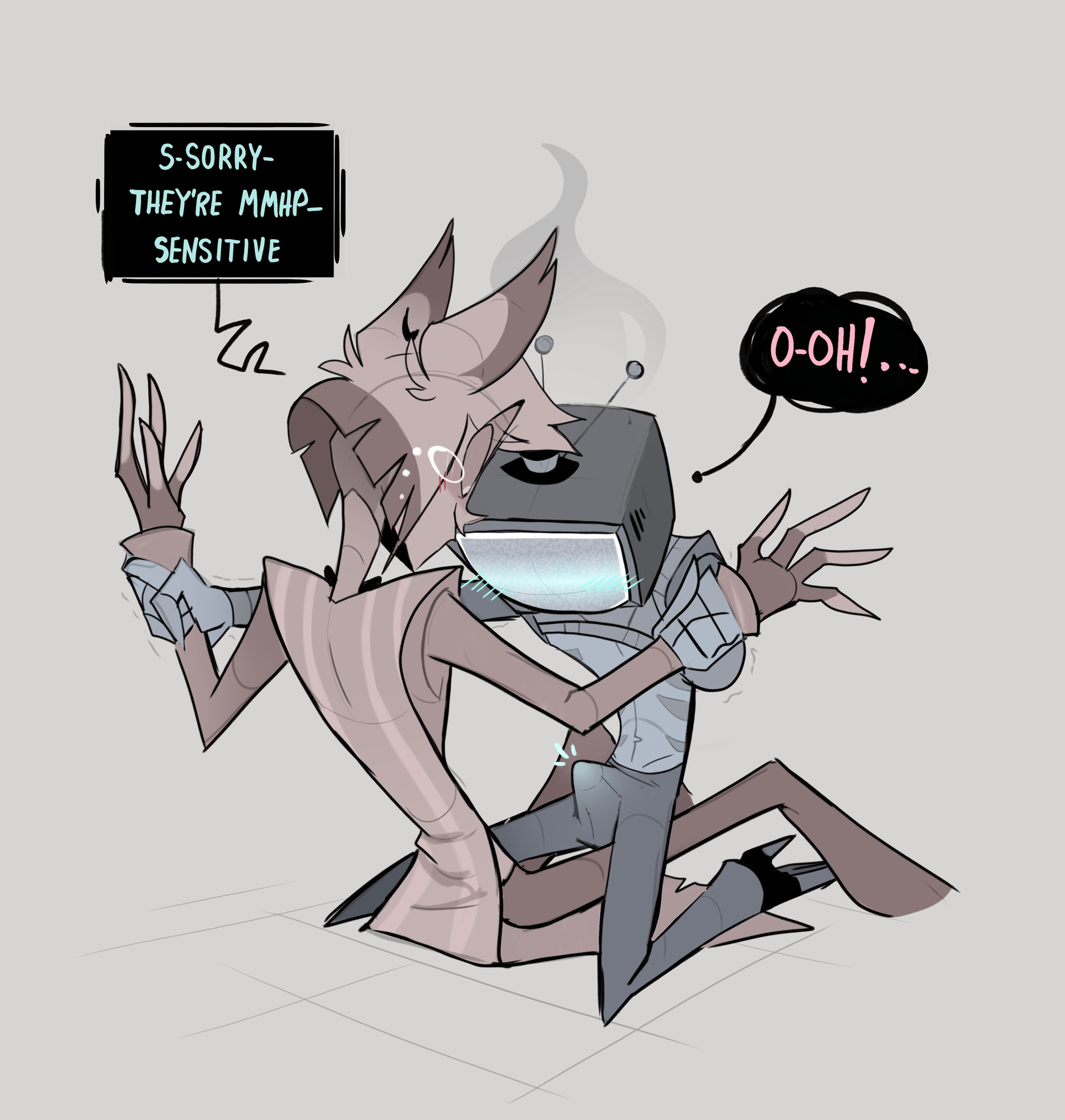 2boys, accidental erection, alastor (hazbin hotel), antennae (anatomy), blush, boner, craxkers, embarrassed, erection, flustered, fully clothed, gay, gills, hat, hazbin hotel, hellaverse, male, male only, overheated, shirt lift, sitting on lap, surprised, tv head, vox (hazbin hotel), yaoi