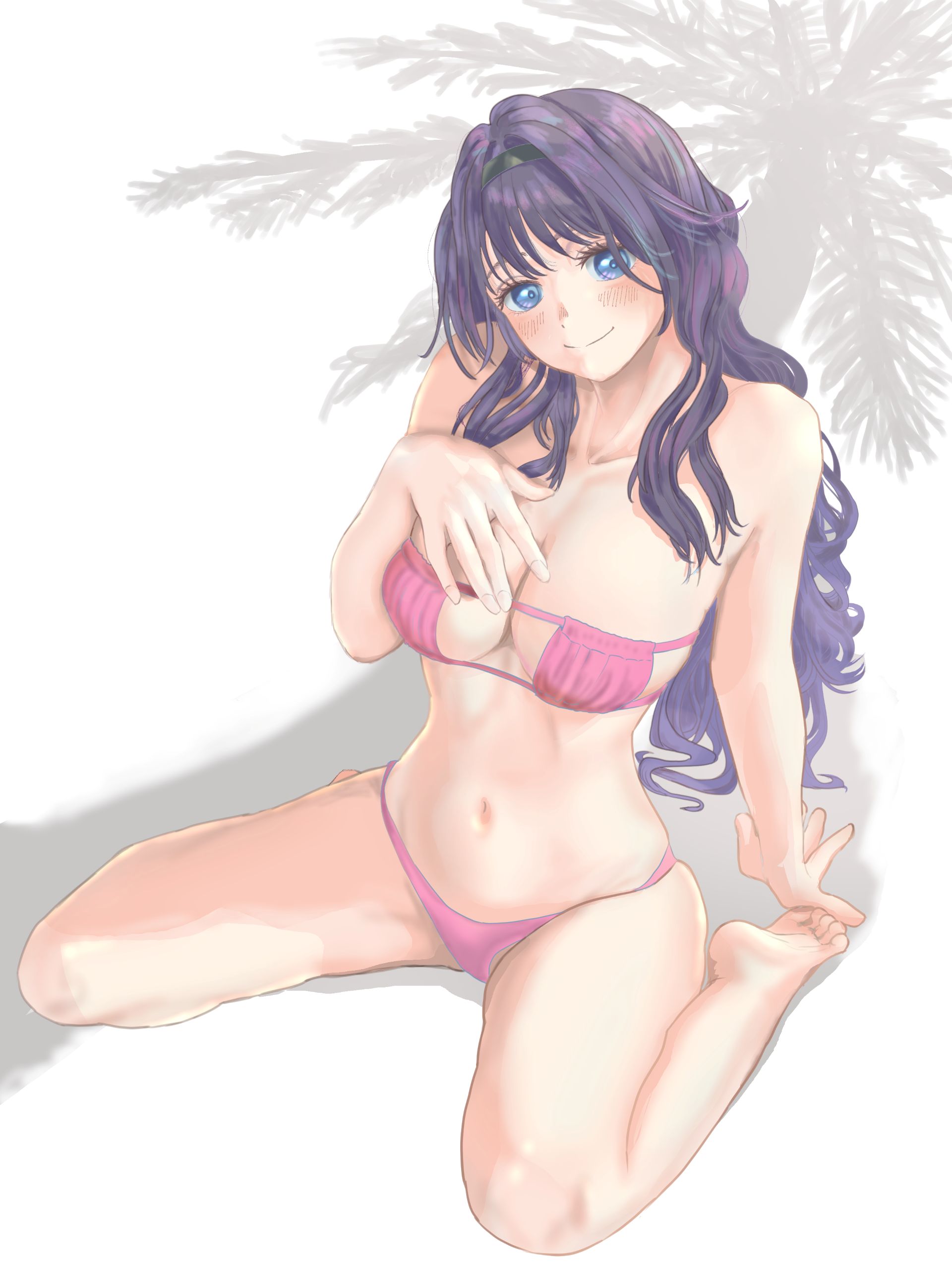 1girl, absurdres, alternate costume, barefoot, bikini, black hairband, blue eyes, blush, breasts, cleavage, closed mouth, collarbone, commentary request, curly hair, eyepatch bikini, full body, hairband, hand on own chest, highres, kaoru hana wa rin to saku, long hair, looking at viewer, navel, pink bikini, purple hair, sitting, soles, solo, spread legs, strapless, strapless bikini, swimsuit, thighs, waguri kaoruko, wariza