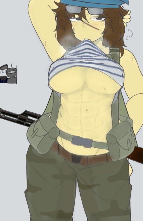 1girls, abs, assault rifle, background characters, belt, beret, blood debt, blush, breasts, brown hair, female focus, gun, jamyun77, medium breasts, muscular, pants, roblox, roblox game, robloxian, short hair, steaming body, sunglasses, sweat, tactical gear, tank top, tank top lift, veronika kazakova, yellow skin