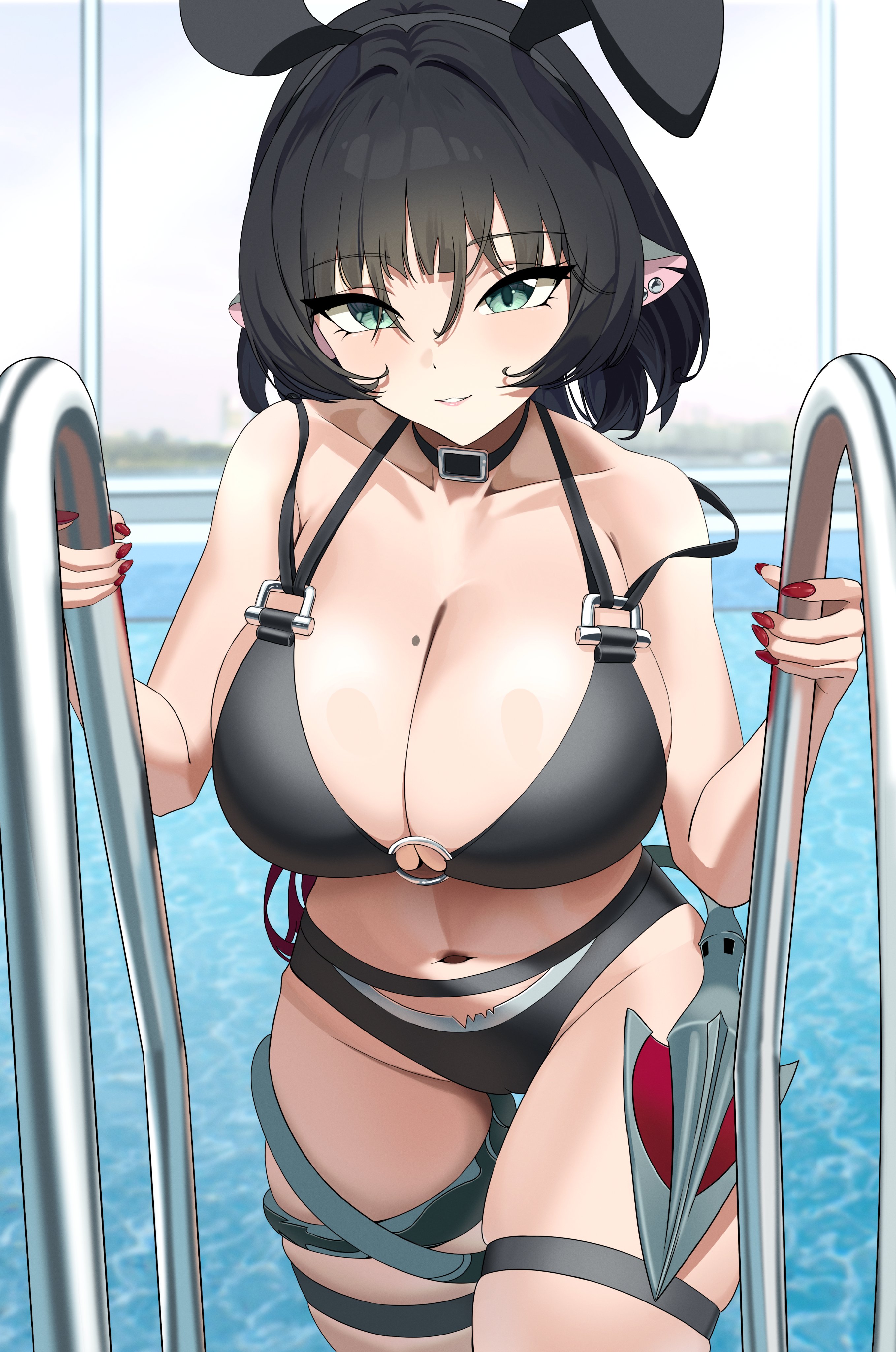 1girls, absurdres, animal ears, bikini, black bikini, black hair, blunt bangs, breasts, cleavage, collarbone, cowboy shot, fake animal ears, fingernails, green eyes, hashtag-only commentary, highres, jane doe (zenless zone zero), large breasts, long hair, looking at viewer, mouse ears, mouse girl, mouse tail, nail polish, navel, pool, rabbit ears, red nails, september0405, sidelocks, smile, solo, swimsuit, tail, water, zenless zone zero