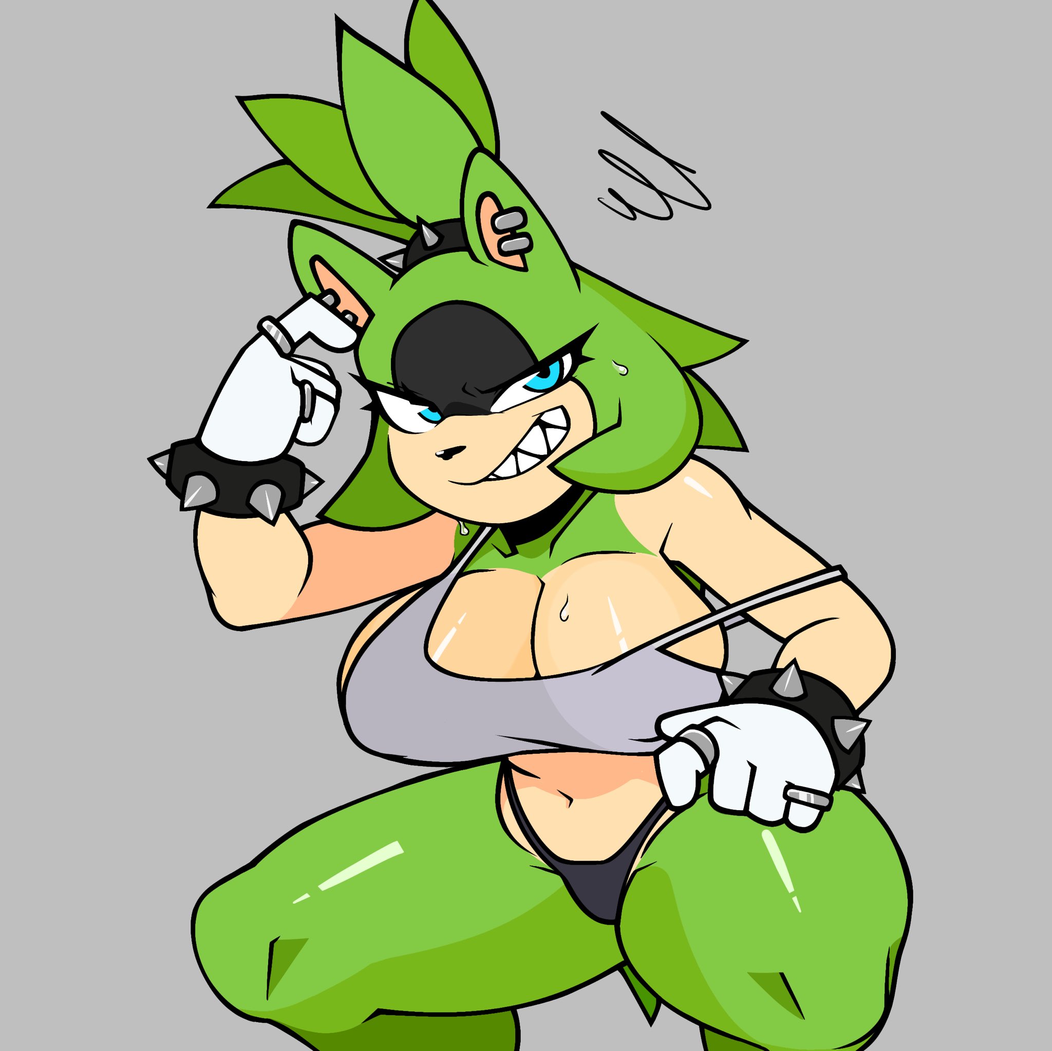 1girls, 2d, 2d (artwork), 2d artwork, animal ears, anthro, bare shoulders, belly button, black panties, blue eyes, cleavage, clothed, clothing, covered breasts, covered nipples, covered pussy, digital drawing (artwork), digital media (artwork), earrings, fangs, female, female only, fur, furry, green body, green fur, hairband, huge breasts, huge thighs, humanoid, idw publishing, mobian (species), navel, ponytail, ring (jewelry), rings, ryuuuk1, sega, sharp teeth, shiny skin, simple background, skimpy clothes, solo, sonic (series), sonic the hedgehog (idw), sonic the hedgehog (series), spiked bracelet, surge the tenrec, sweat, sweatdrop, sweaty, sweaty breasts, tail, tenrec, thick thighs, thighs, voluptuous, white bra