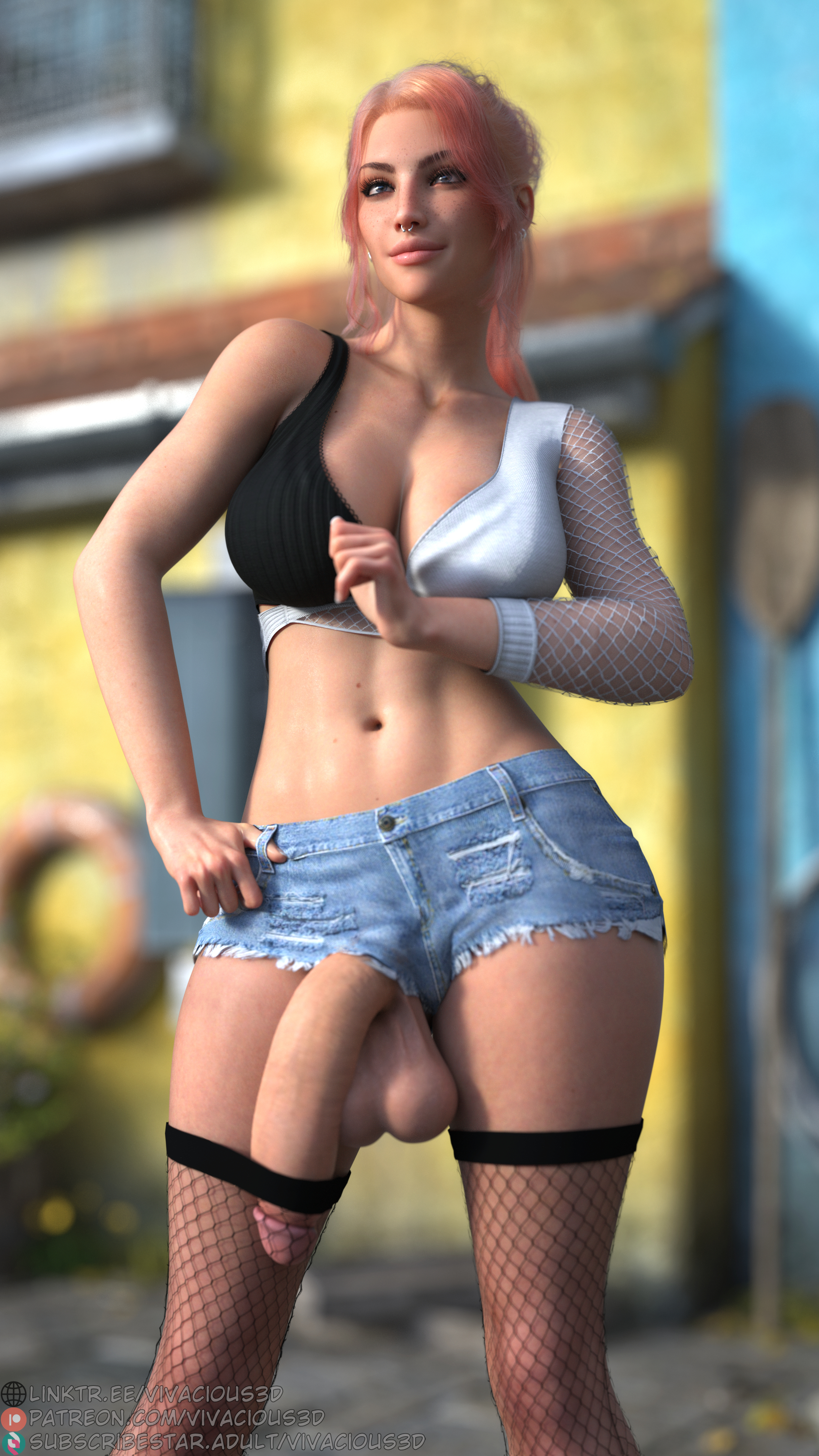 1futa, 3d, 3d (artwork), 3dx, balls, ballsack, cock under clothes, coral pink hair, denim, denim shorts, fishnet stockings, fishnets, futa only, futanari, huge cock, large breasts, large penis, muscular, muscular futa, original character, sam (vivacious3d), short shorts, shorts, solo, solo futa, tucked penis, vivacious3d