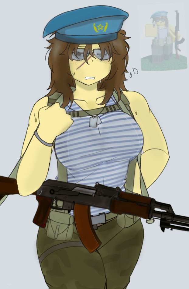 1girls, beret, blood debt, breasts, brown hair, clothed, gun, jamyun77, lmg based on the ak 74, medium breasts, military hat, military uniform, pants, reference image, roblox, roblox game, robloxian, rpk 74, scar, short hair, sunglasses, sweat, tactical gear, tagme, tank top, telnyashka, thighs, vdv, veronika kazakova, weapon, yellow skin