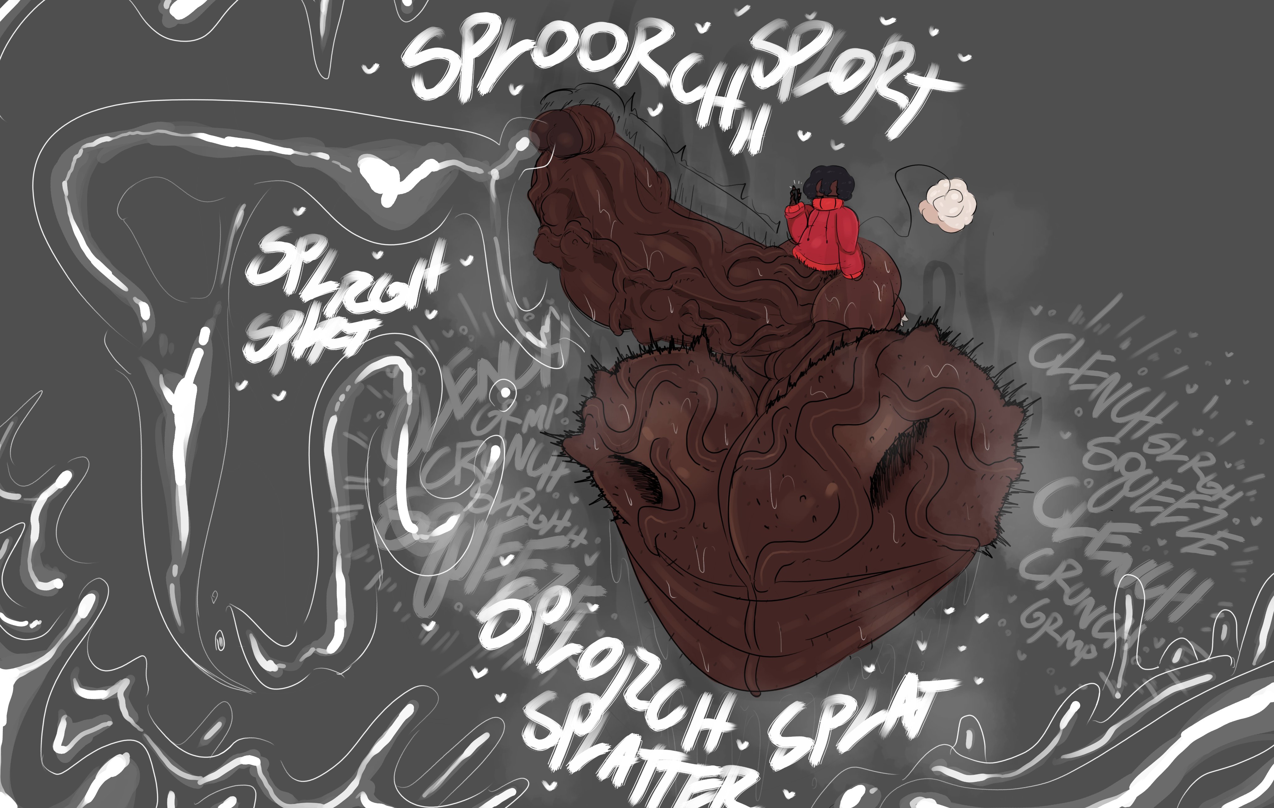 ball clench, black hair, clothing, cock vore, cotton tail, dark-skinned male, demon, excessive precum, horns, hyper, hyper balls, hyper penis, miffy (slinkmayker), onomatopoeia, slinkmayker, testicles clench, veiny penis, vore